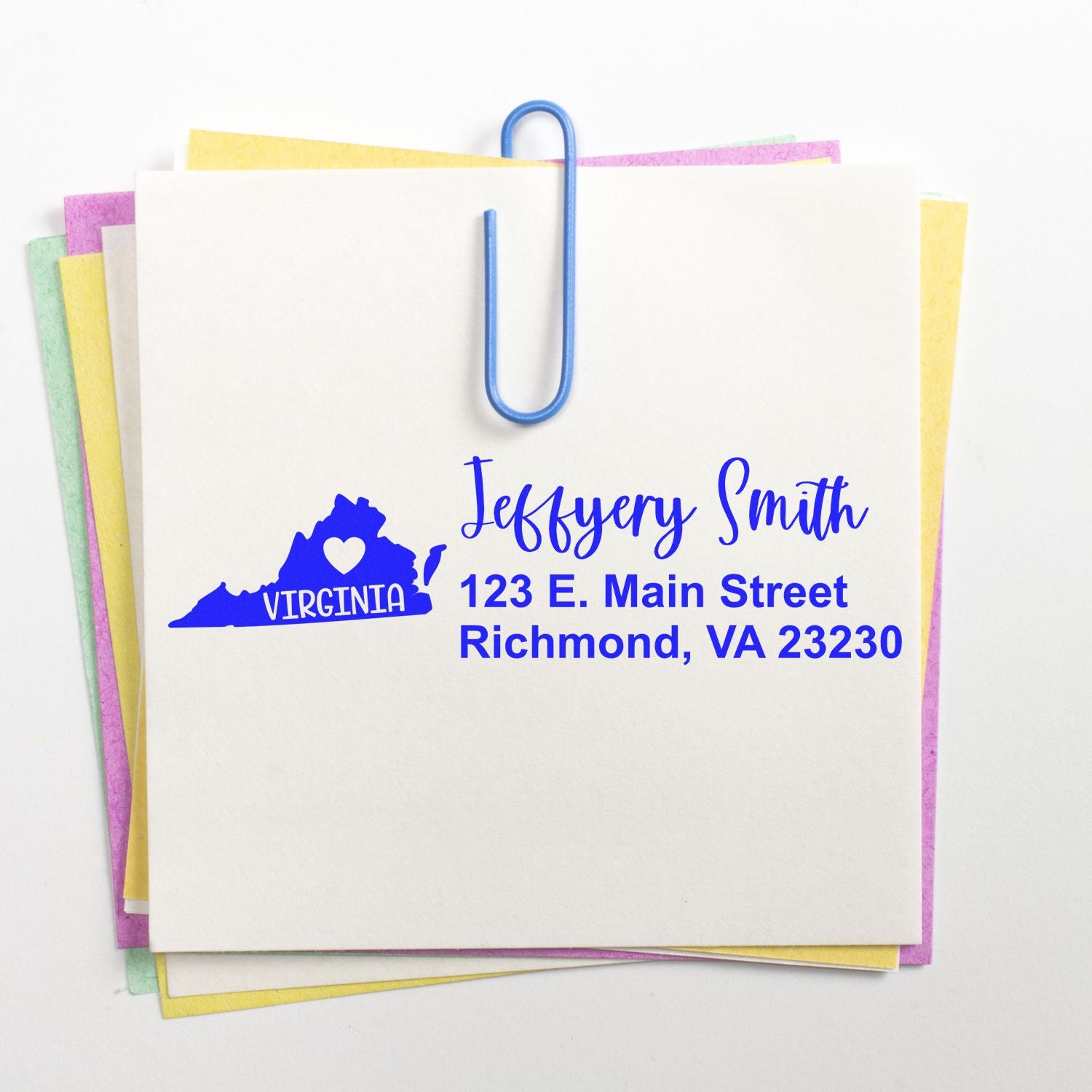 Virginia State Love Personalized Address Stamp on a white card with a blue paperclip, featuring a Virginia map design and sample address in blue text.