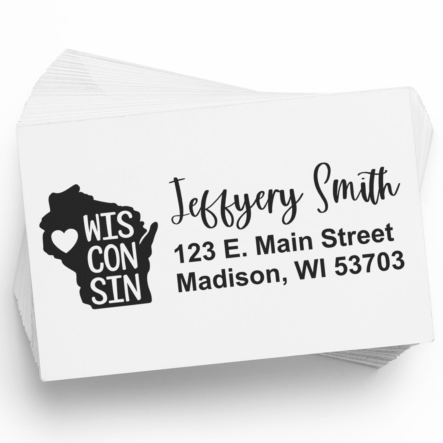 Image of the State Love of Wisconsin Custom Address Stamp Self-Inking, featuring a Wisconsin map with a heart and personalized address details on a stack of white cards.