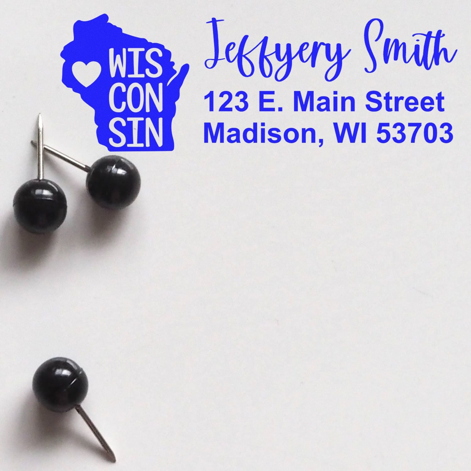 Wisconsin State Love Personalized Address Stamp featuring a blue state outline with a heart, personalized with Jeffery Smith, 123 E. Main Street, Madison, WI 53703 in elegant font.