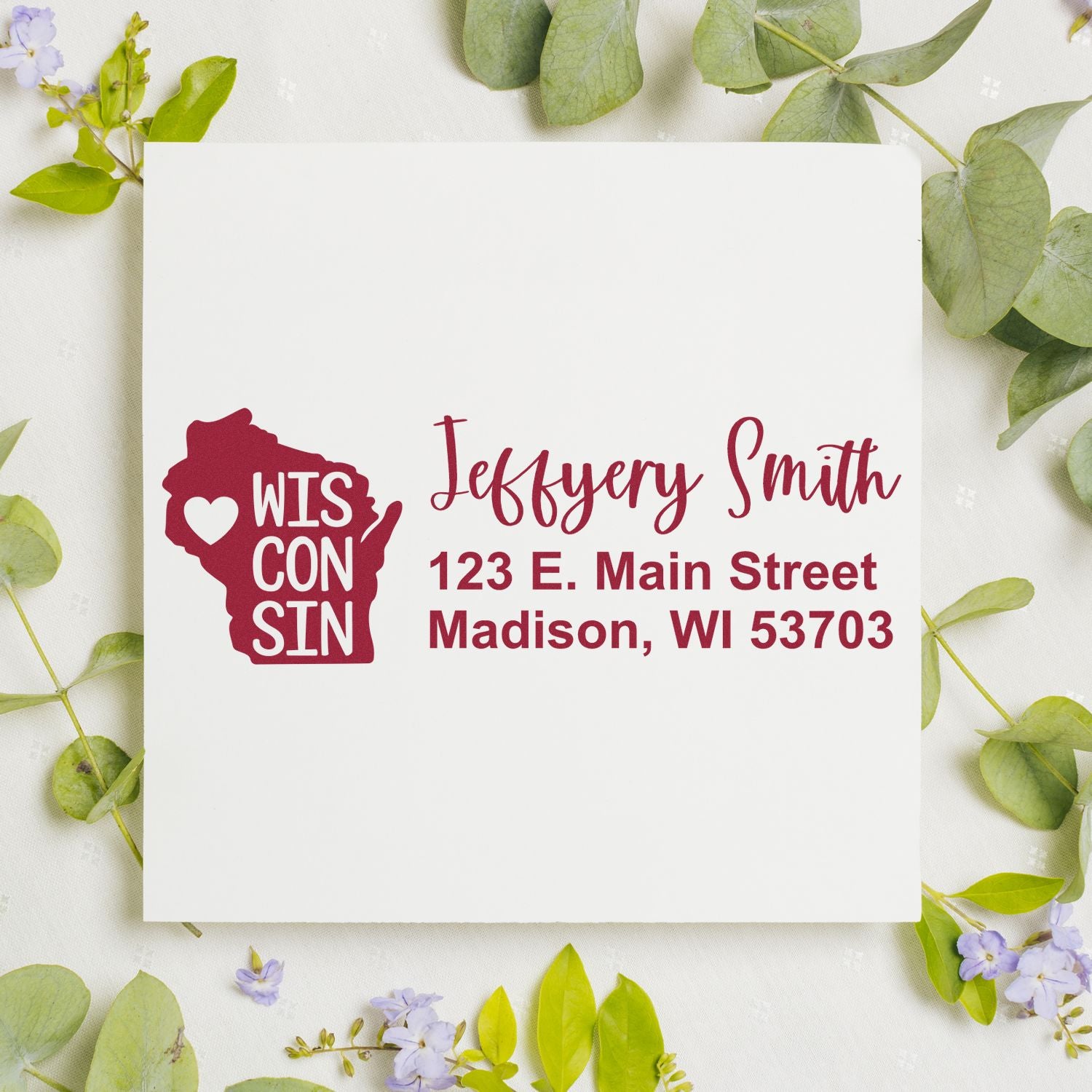 Wisconsin State Love Personalized Address Stamp on a white card with floral border. Features a red Wisconsin map design and sample address in elegant font. Perfect for adding a personal touch to mail.