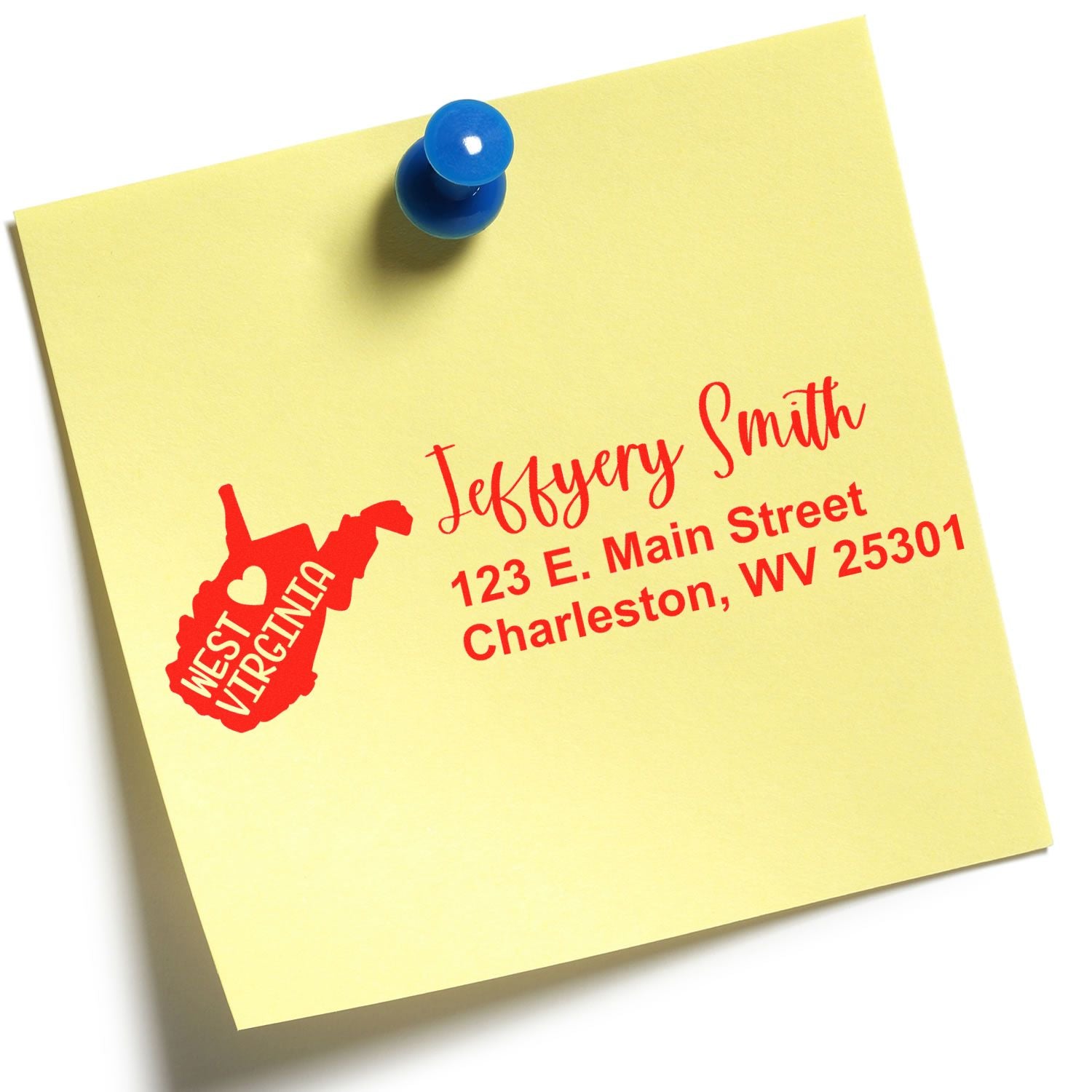 Yellow note with red text showing the West Virginia State Love Personalized Address Stamp, featuring a state outline and address details pinned with a blue pushpin.