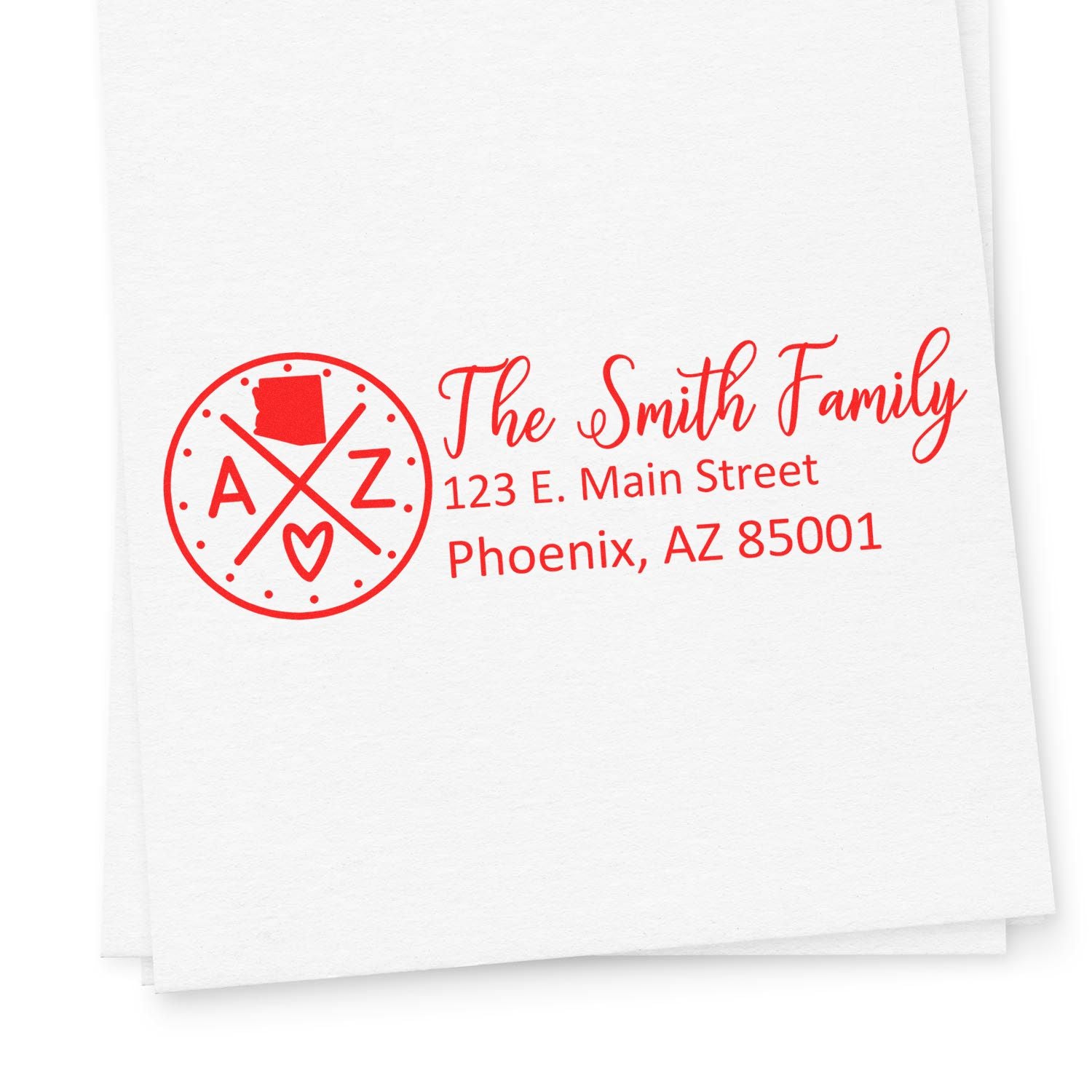 Arizona State Pride Customized Address Stamp featuring a red design with AZ and a heart, personalized with The Smith Family and an address in Phoenix, AZ, on white paper.