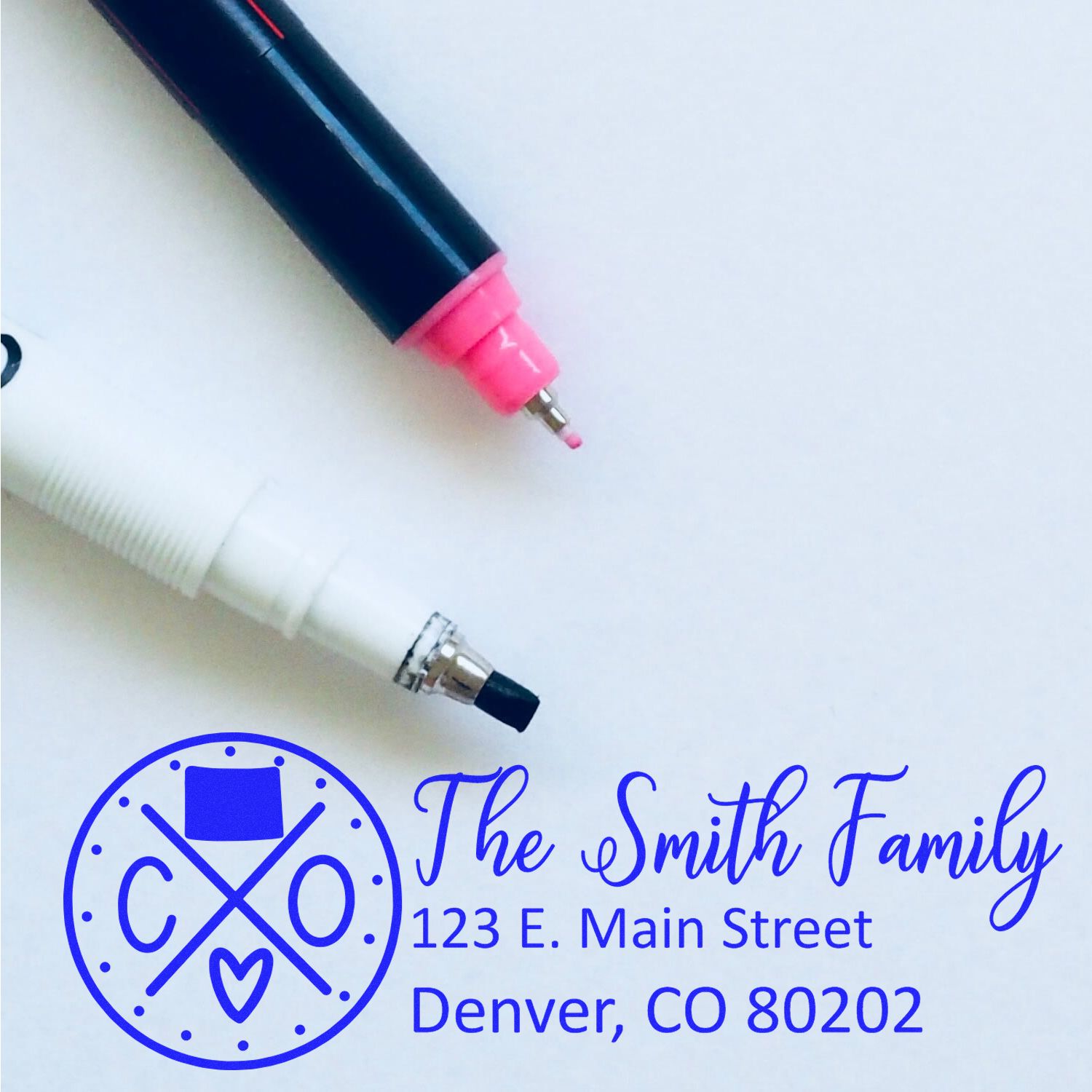 Self-Inking State Love of Colorado Custom Address Stamp featuring The Smith Family with a Colorado-themed design, shown on a white background with two pens.