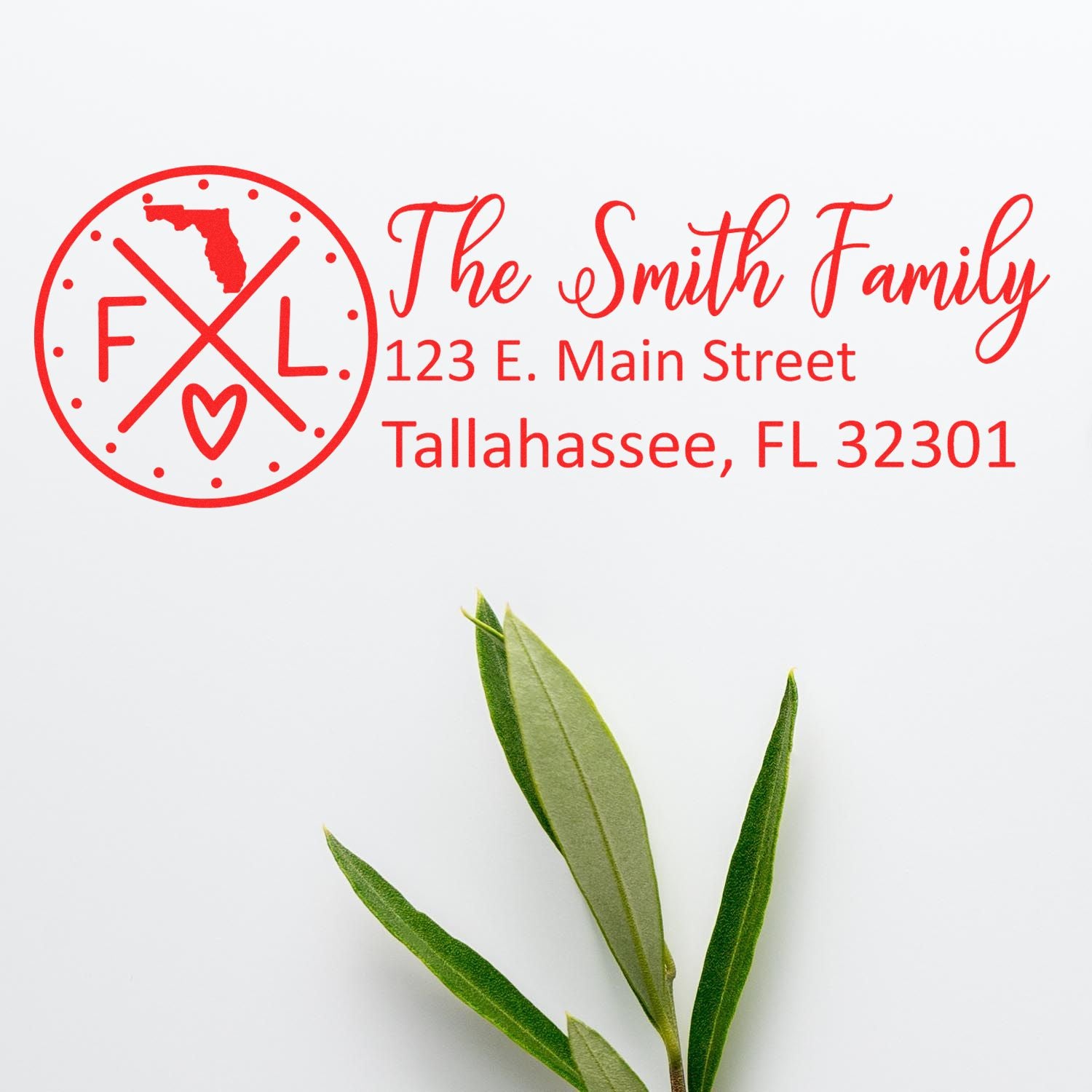 Florida State Pride Customized Address Stamp featuring a red design with 'FL' and a heart, personalized with 'The Smith Family' address, on a white background with green leaves.