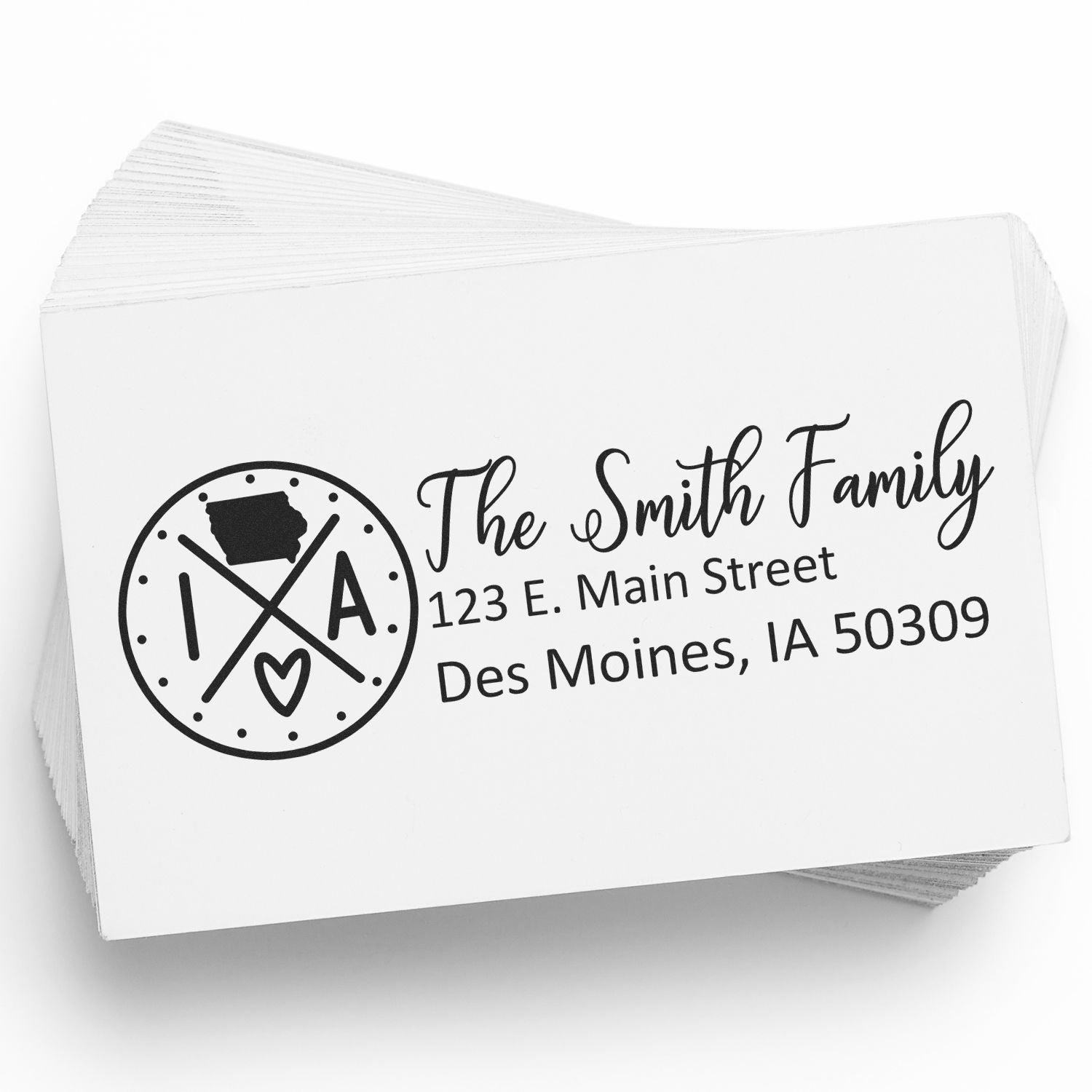 Iowa State Pride Customized Address Stamp on white paper, featuring a circular design with IA and a heart, personalized with The Smith Family and an address in Des Moines, IA.