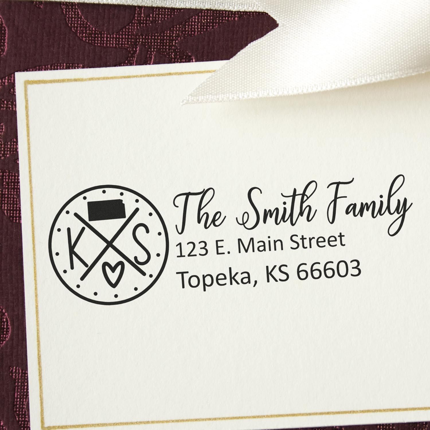 Kansas State Pride Customized Address Stamp on an envelope, featuring The Smith Family with a Kansas-themed design, including KS and a heart. Address: 123 E. Main Street, Topeka, KS 66603.