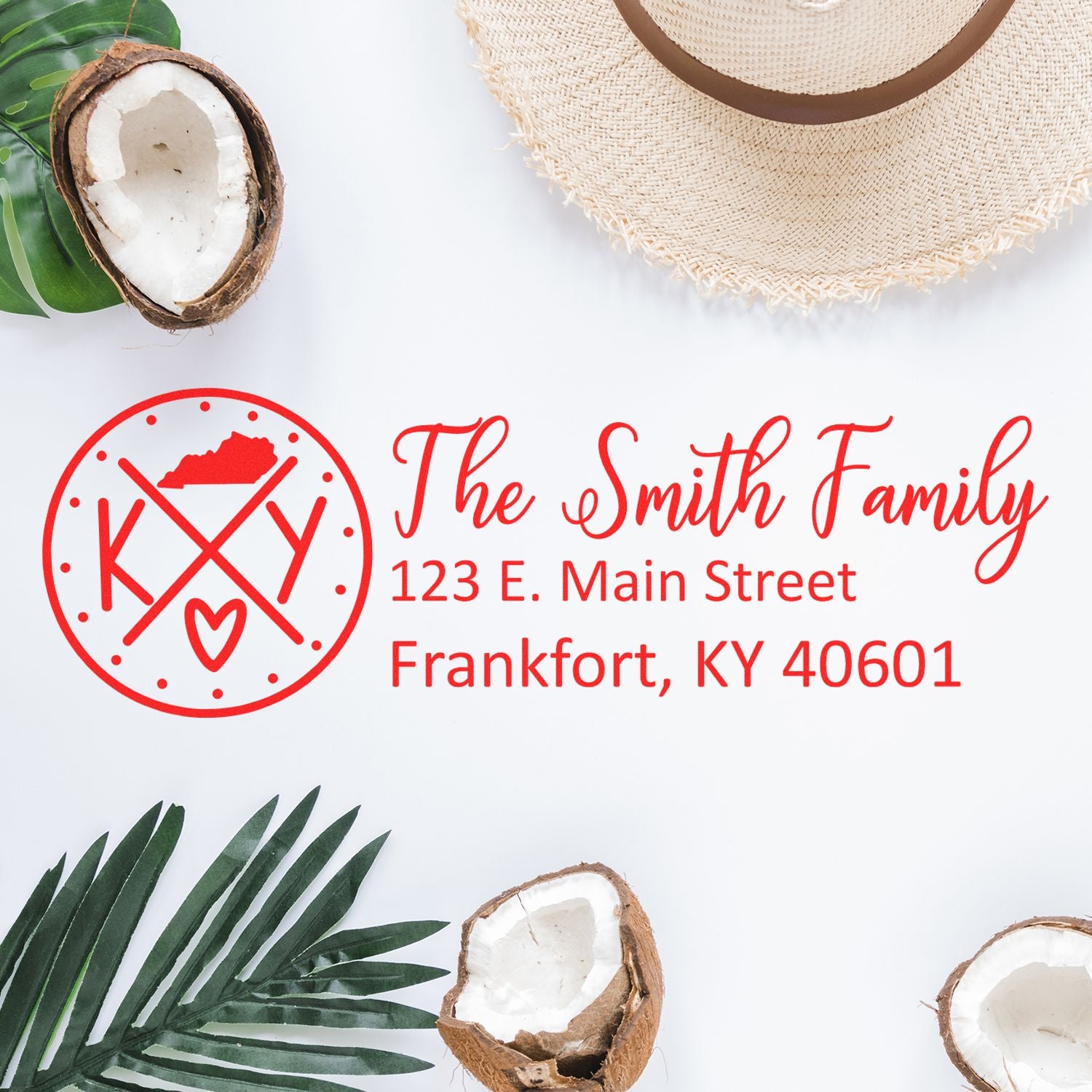 Kentucky State Pride Customized Address Stamp featuring a red design with KY and a heart, personalized for The Smith Family on a white background with tropical decor elements.