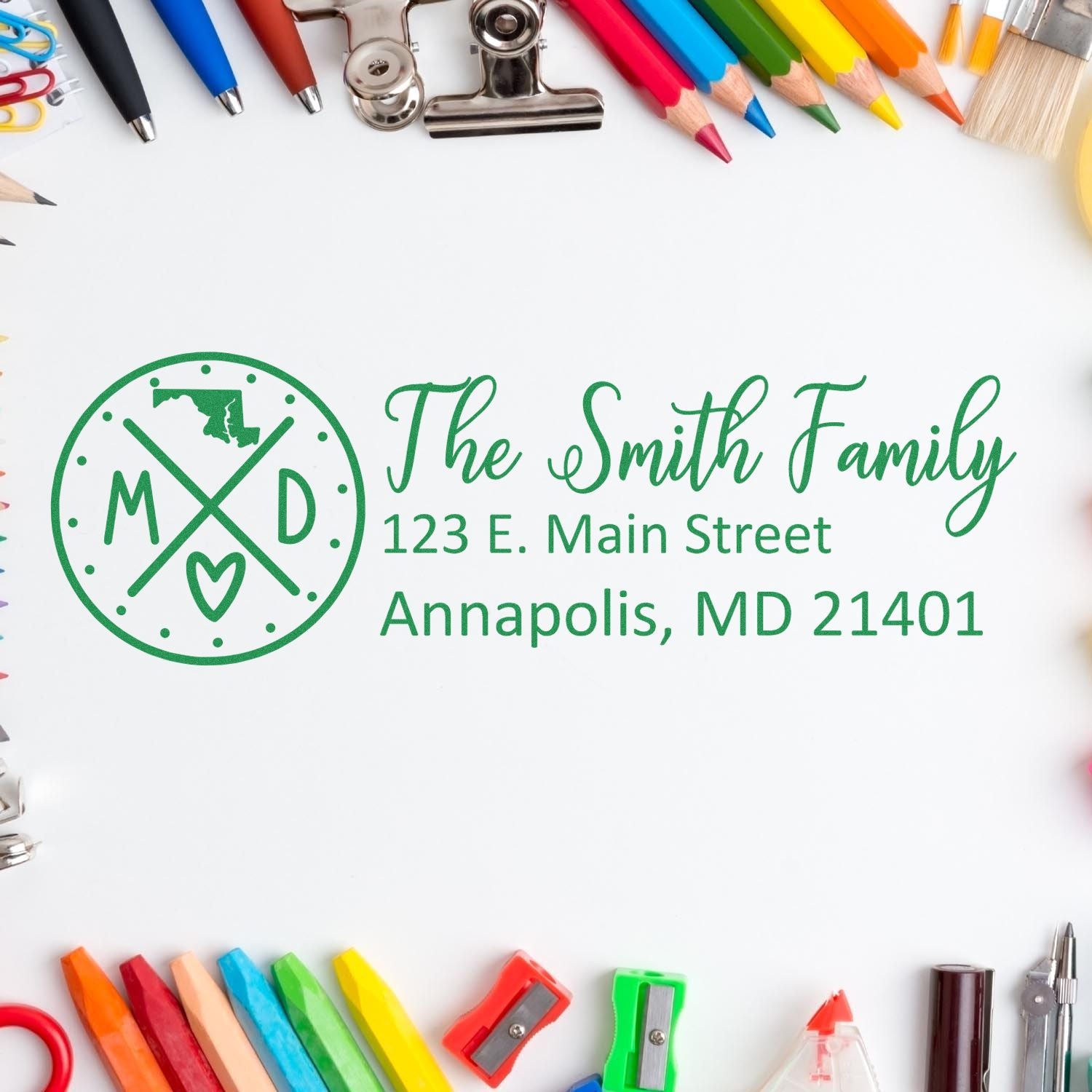 Maryland State Pride Customized Address Stamp featuring The Smith Family and address, surrounded by colorful stationery on a white background.