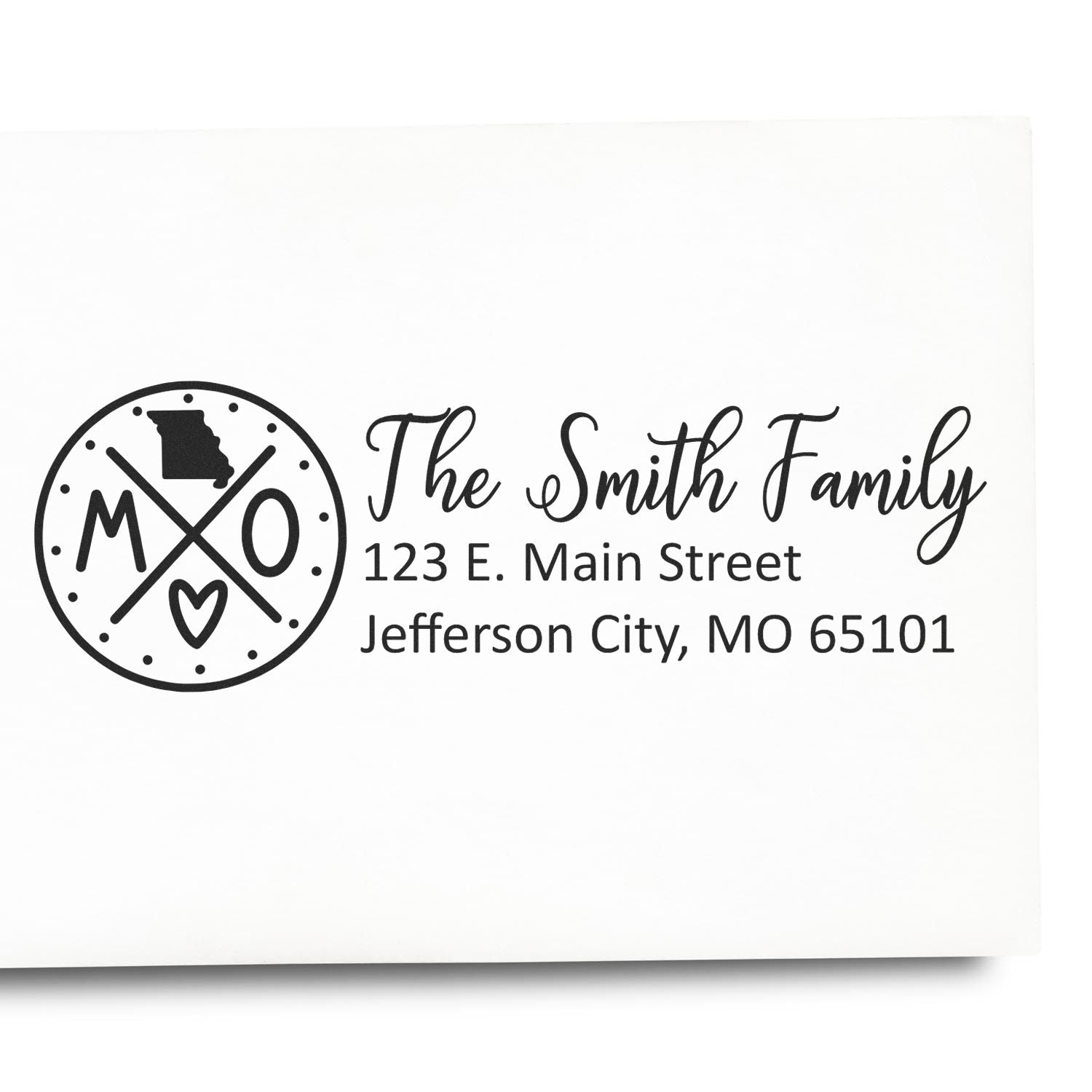 PSI Pre-Inked Missouri State Pride Customized Address Stamp featuring a circular design with MO and a heart, personalized with The Smith Family and address in elegant script on white background.