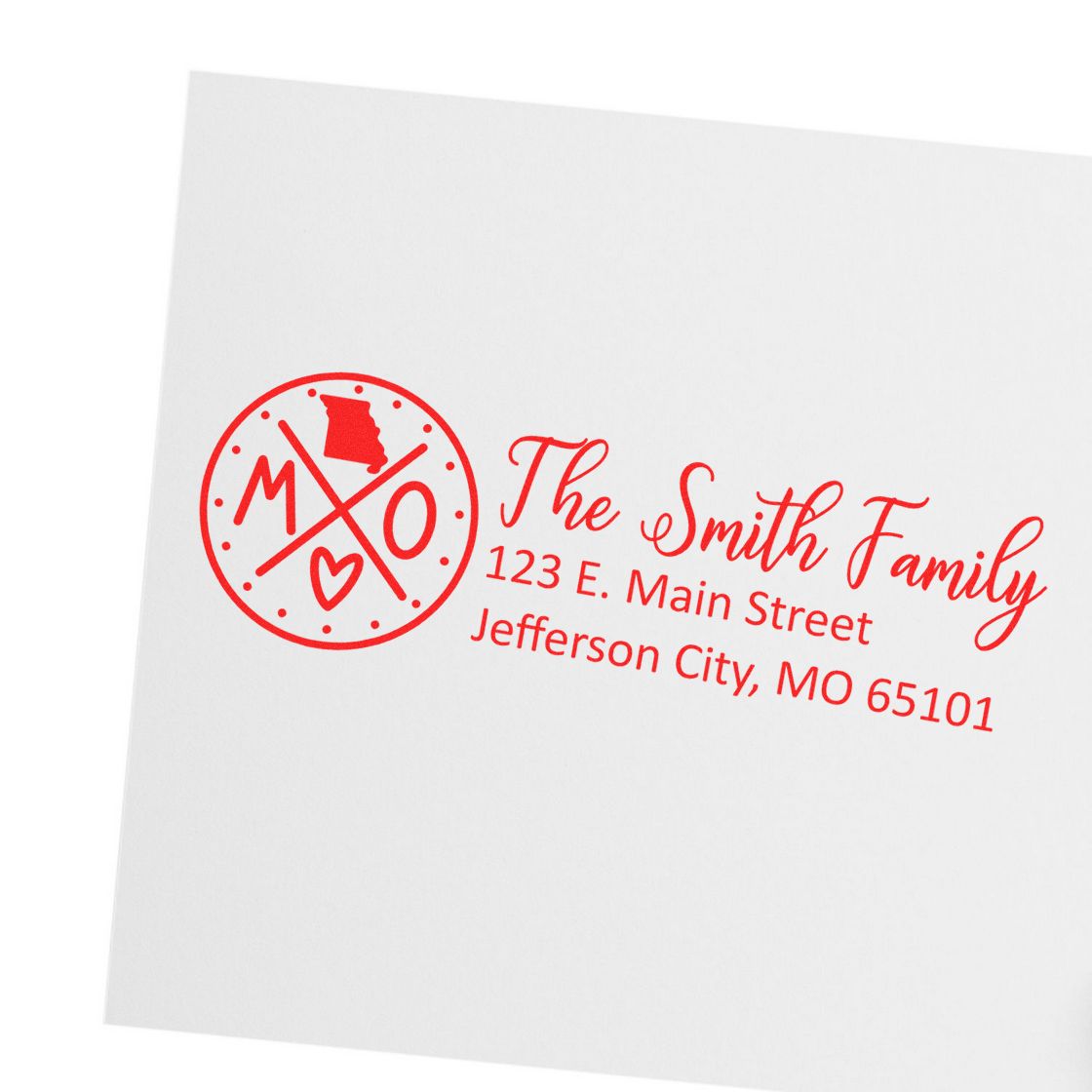 Missouri State Pride Customized Address Stamp featuring a red design with 'MO' and heart symbols, personalized with 'The Smith Family' and their address in Jefferson City, MO.