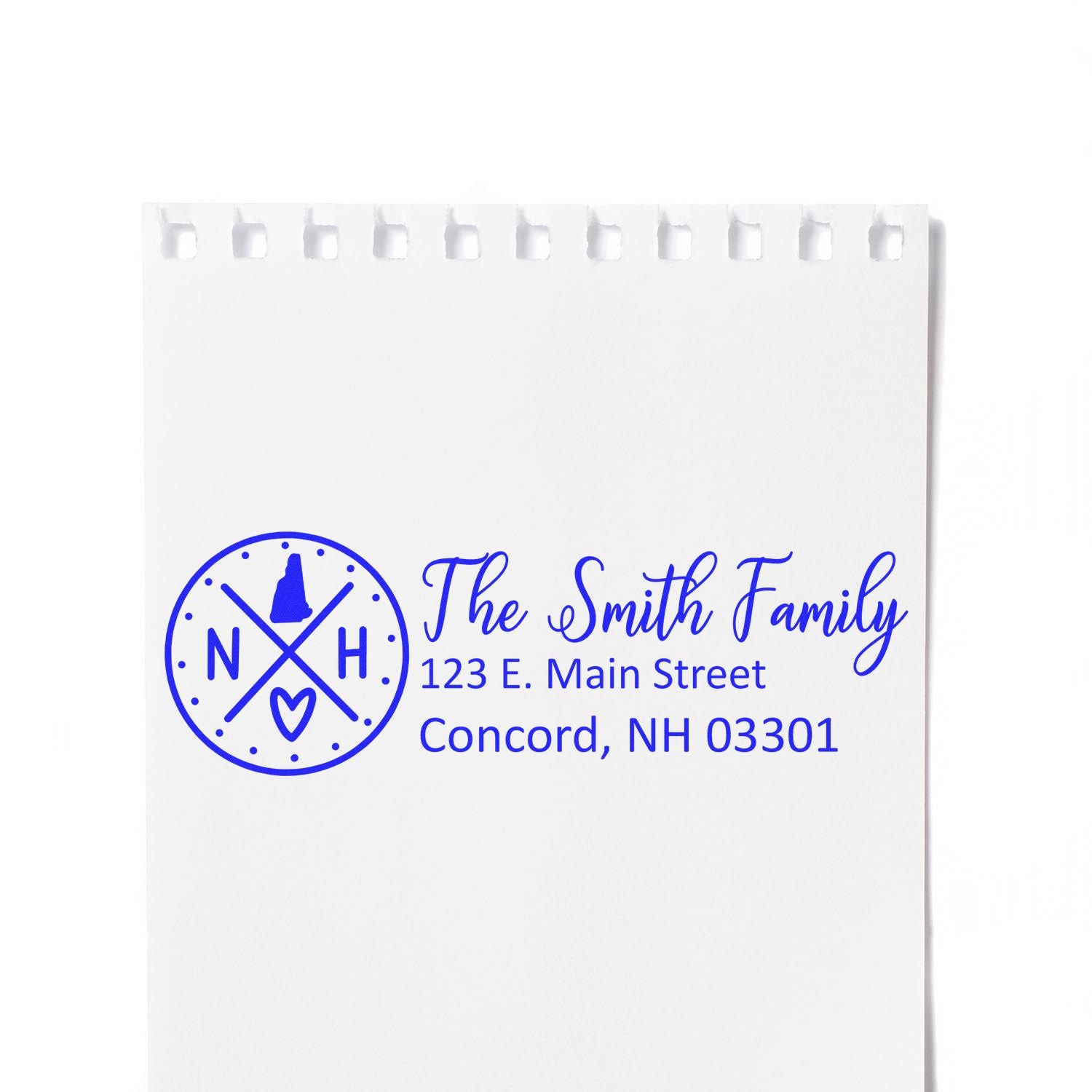 New Hampshire State Pride Customized Address Stamp on white paper, featuring a blue design with The Smith Family and an address in Concord, NH.