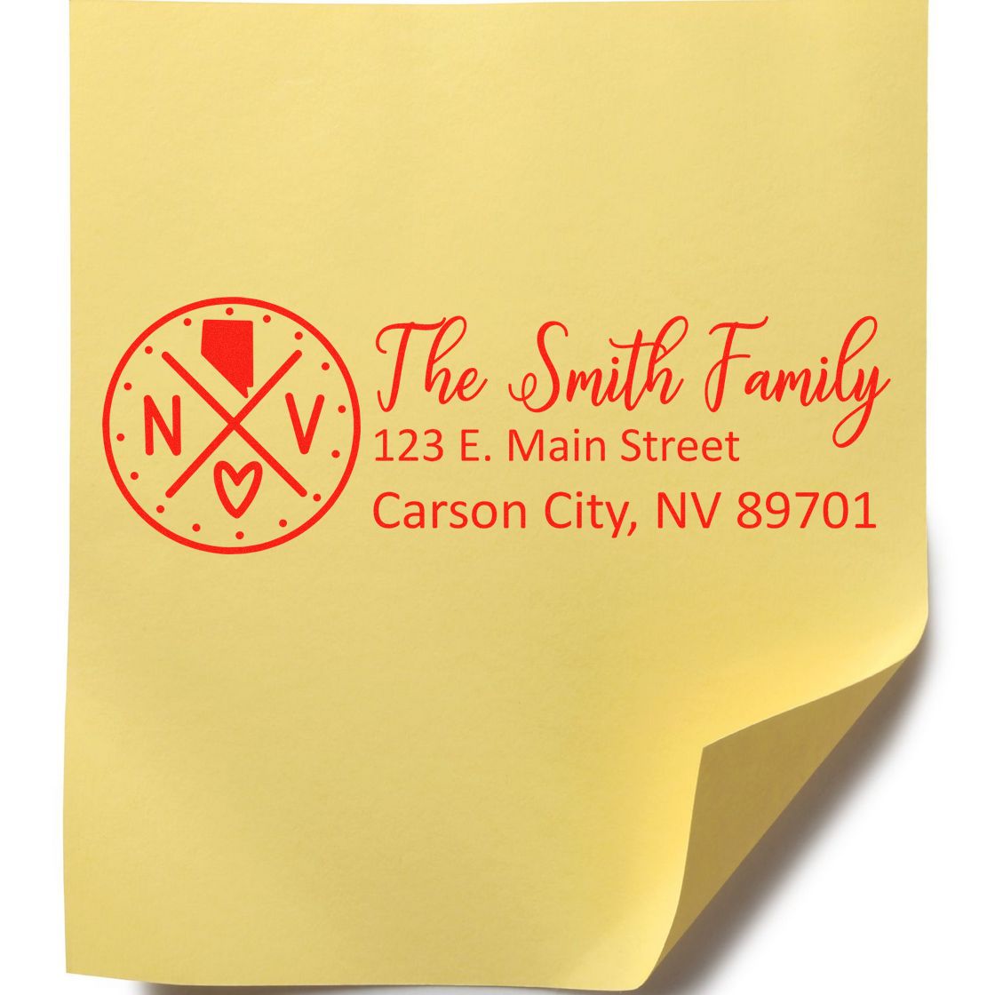 Yellow sticky note with a red Nevada State Pride Customized Address Stamp design, featuring The Smith Family and an address in Carson City, NV. The stamp includes a heart and state outline.