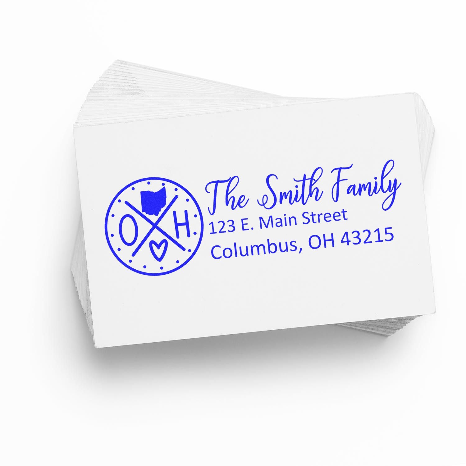 Ohio State Pride Customized Address Stamp on white paper, featuring a blue design with OH and a heart, alongside The Smith Family and an address in Columbus, OH.