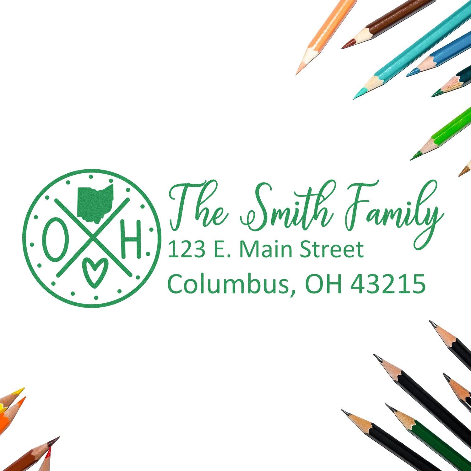 Ohio State Pride Customized Address Stamp featuring 'The Smith Family' with an Ohio map and heart design, surrounded by colorful pencils on a white background.