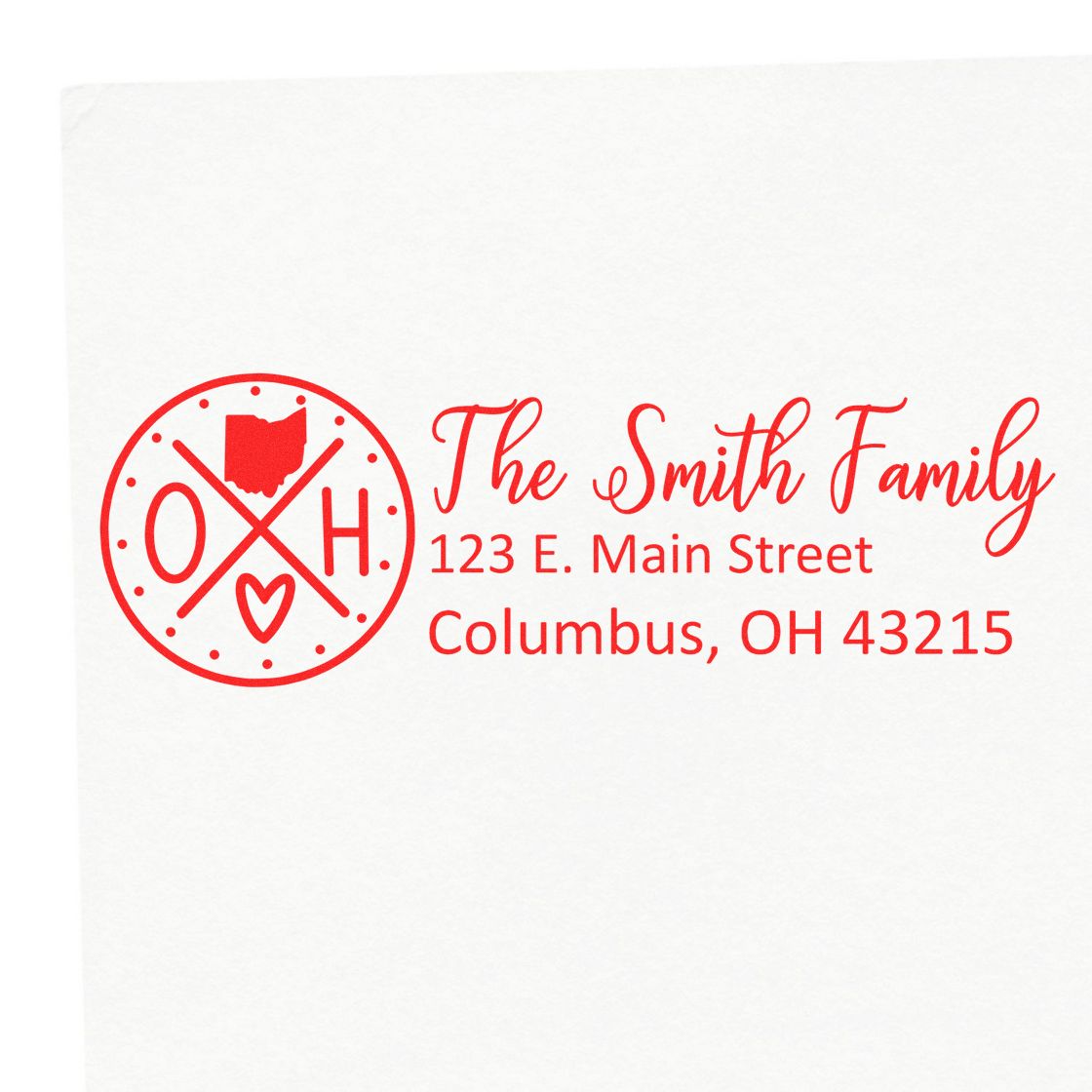 Ohio State Pride Customized Address Stamp featuring a red design with OH and a heart, personalized with The Smith Family, 123 E. Main Street, Columbus, OH 43215 on white paper.