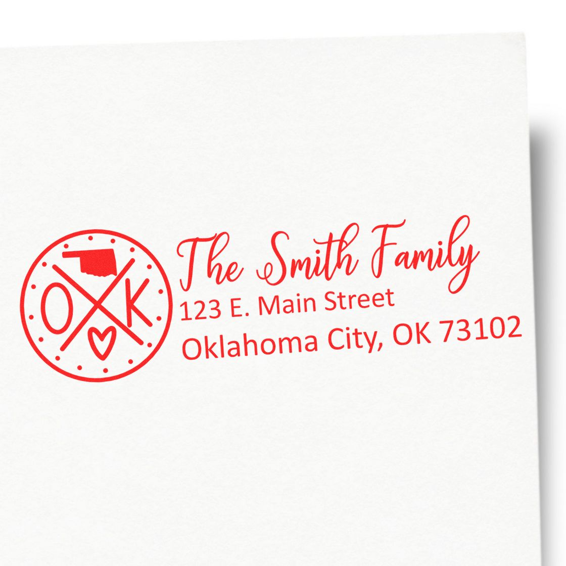 Oklahoma State Pride Customized Address Stamp in red ink, featuring a circular OK design with a heart and state outline, personalized with The Smith Family and an Oklahoma City address.