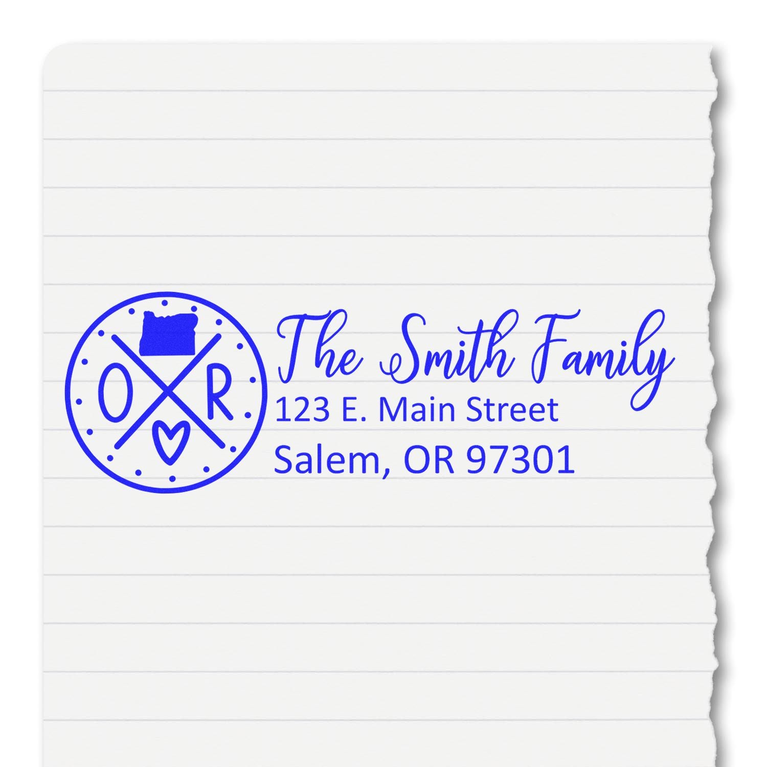 Self-Inking State Love of Oregon Custom Address Stamp on lined paper, featuring The Smith Family and an Oregon-themed design with address in blue ink.