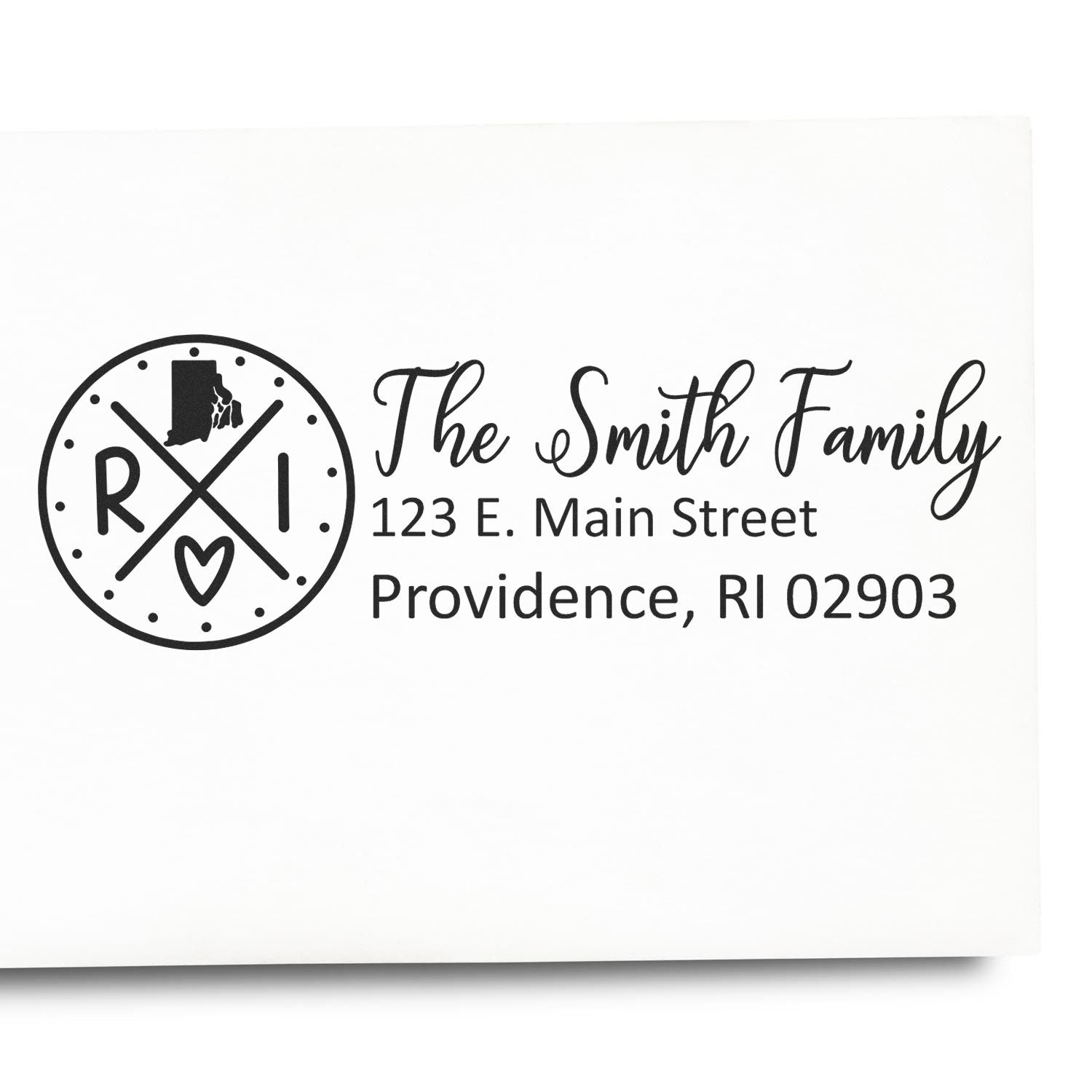 Rhode Island State Pride Customized Address Stamp on an envelope, featuring a circular design with RI and a heart, alongside personalized address details for The Smith Family in Providence, RI.