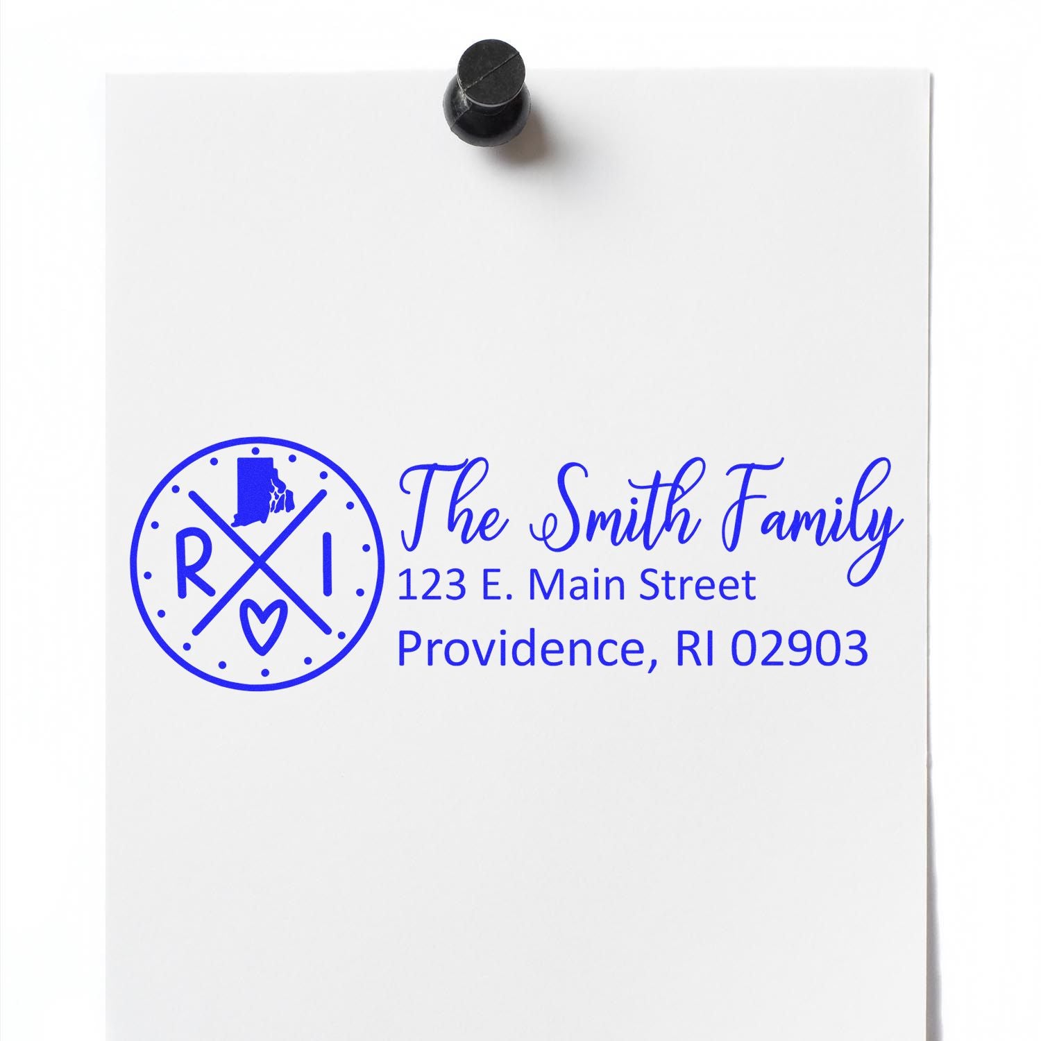 Rhode Island State Pride Customized Address Stamp on white paper with blue ink, featuring a circular design with RI and a heart, personalized with The Smith Family and an address in Providence, RI.