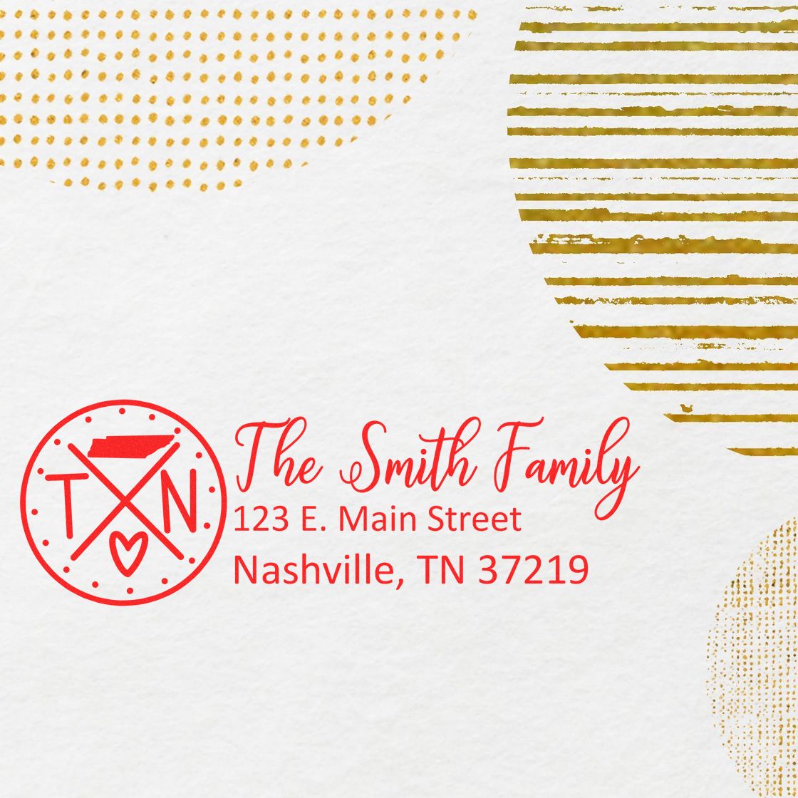 Self-Inking State Love of Tennessee Custom Address Stamp featuring The Smith Family with a red TN design, address in Nashville, TN. Stylish gold and white background enhances the elegant look.