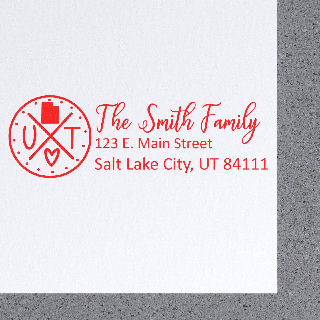 Utah State Pride Customized Address Stamp featuring a red design with The Smith Family and address in Salt Lake City, UT. Perfect for personalizing mail with a touch of state pride.