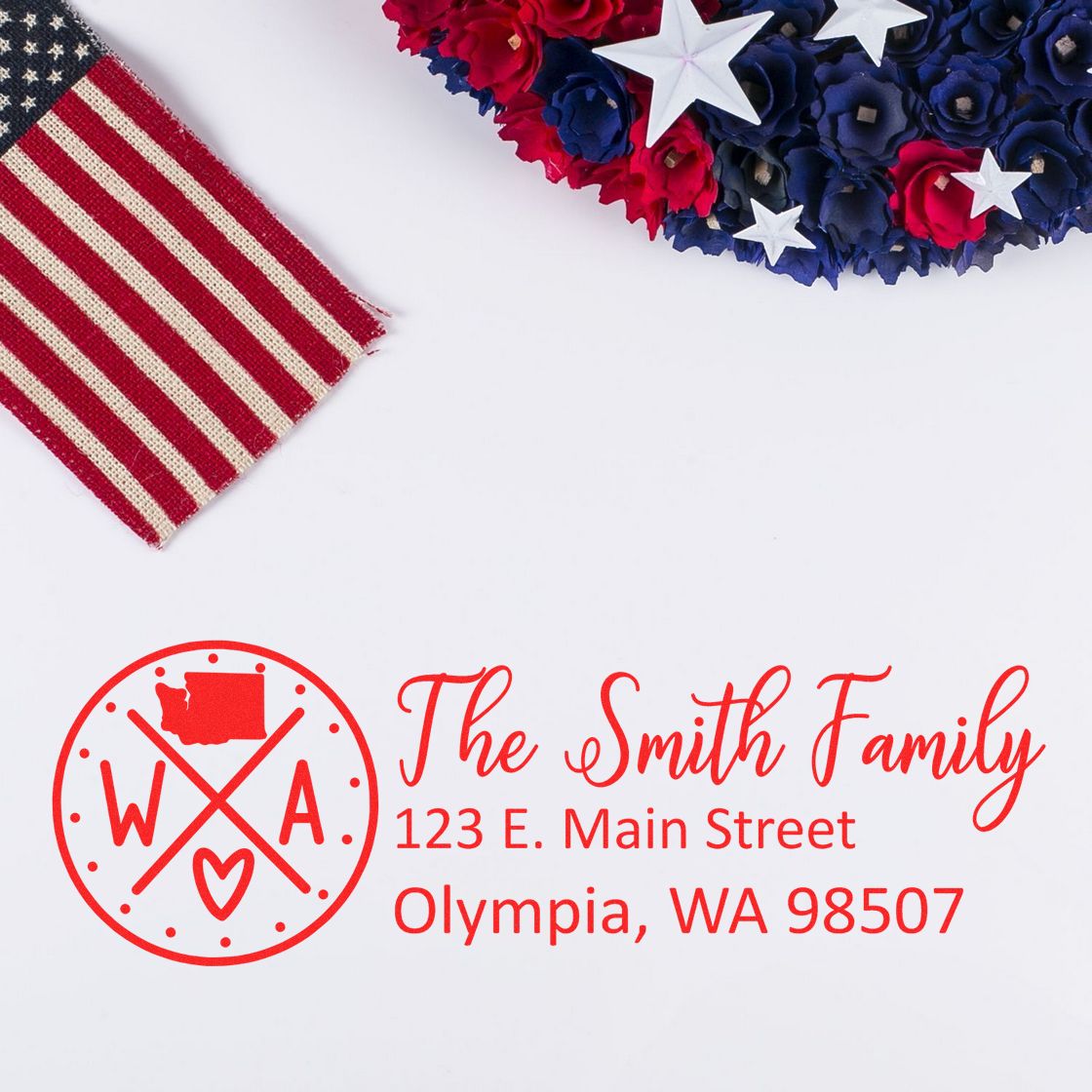 Self-Inking State Love of Washington Custom Address Stamp featuring The Smith Family with a Washington state outline, heart, and address in red ink on a white background with patriotic decor.