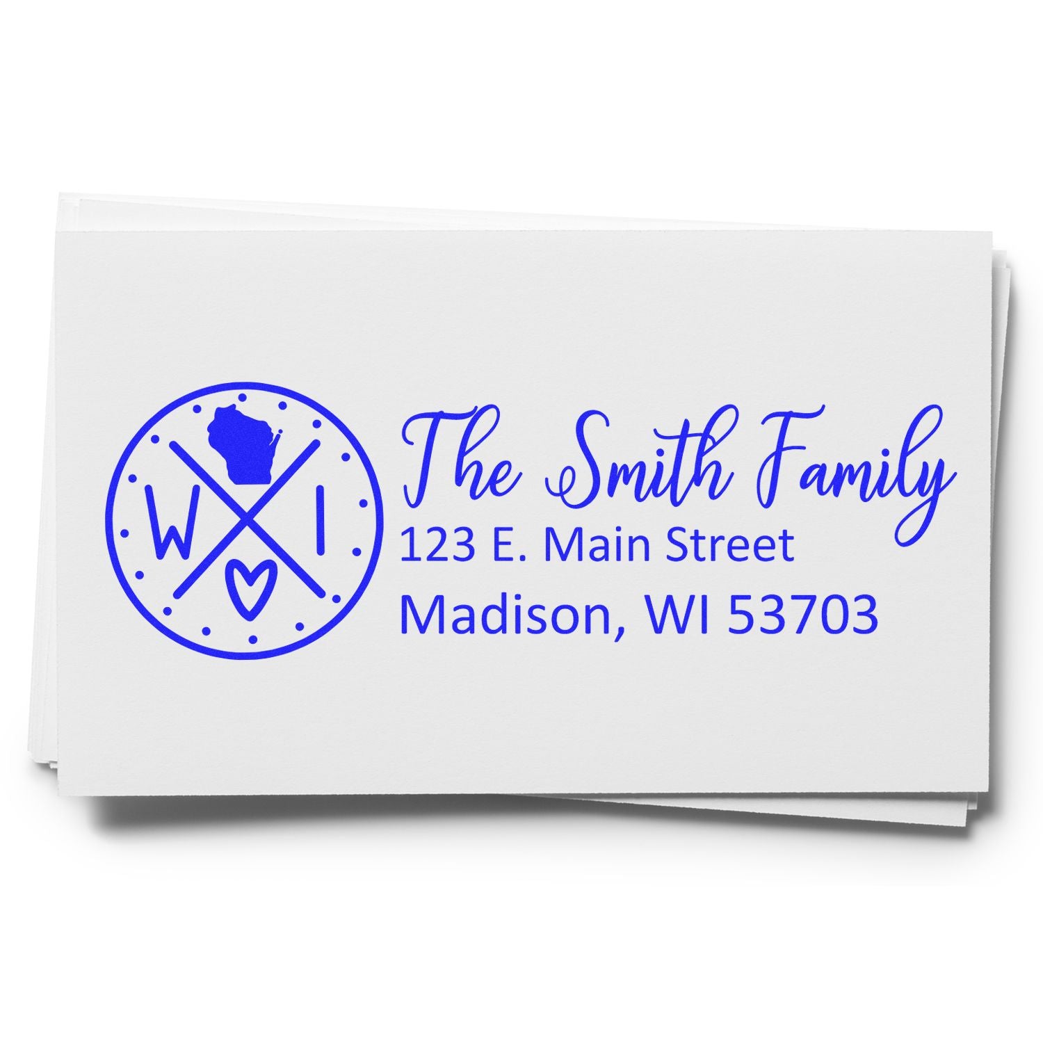 PSI Pre-Inked Wisconsin State Pride Customized Address Stamp on white cards, featuring a blue Wisconsin emblem and personalized address for The Smith Family in Madison, WI.