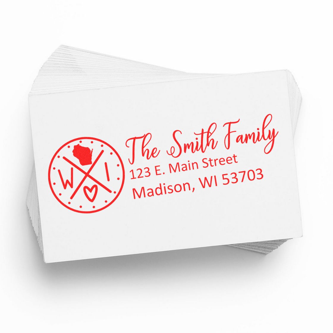 Self-Inking State Love of Wisconsin Custom Address Stamp on white paper, featuring red text with a Wisconsin map and heart design, personalized for The Smith Family in Madison, WI.