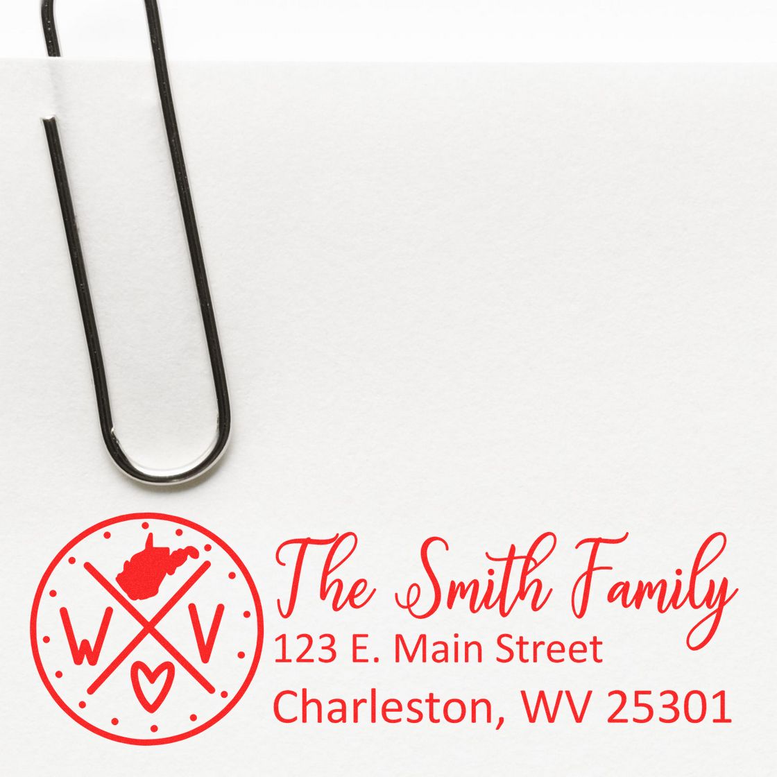 West Virginia State Pride Customized Address Stamp on an envelope, featuring a red design with a map outline and personalized address for the Smith Family in Charleston, WV.