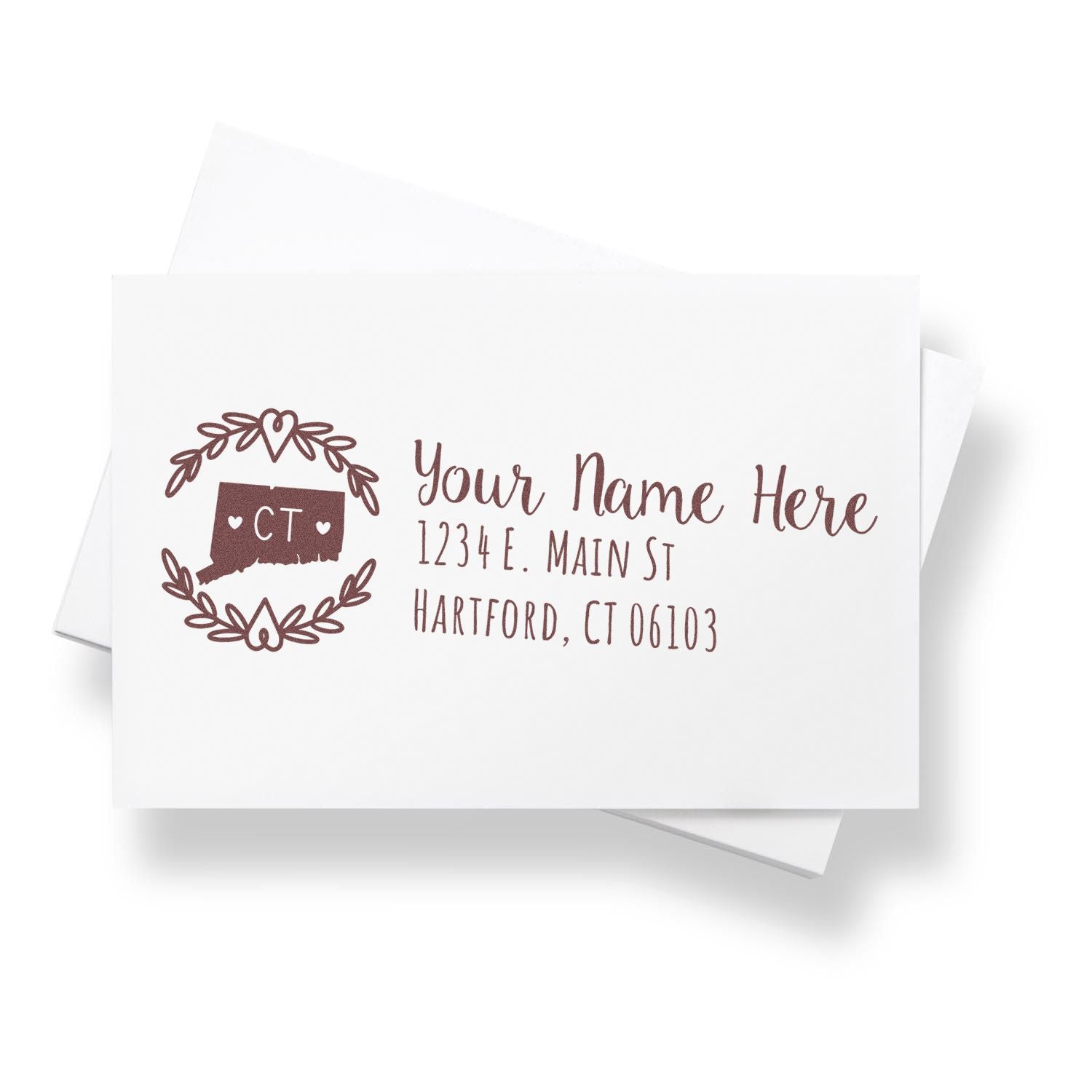 Connecticut State Custom Return Address Stamp on a white envelope, featuring a decorative state outline with hearts and personalized address text in elegant script.