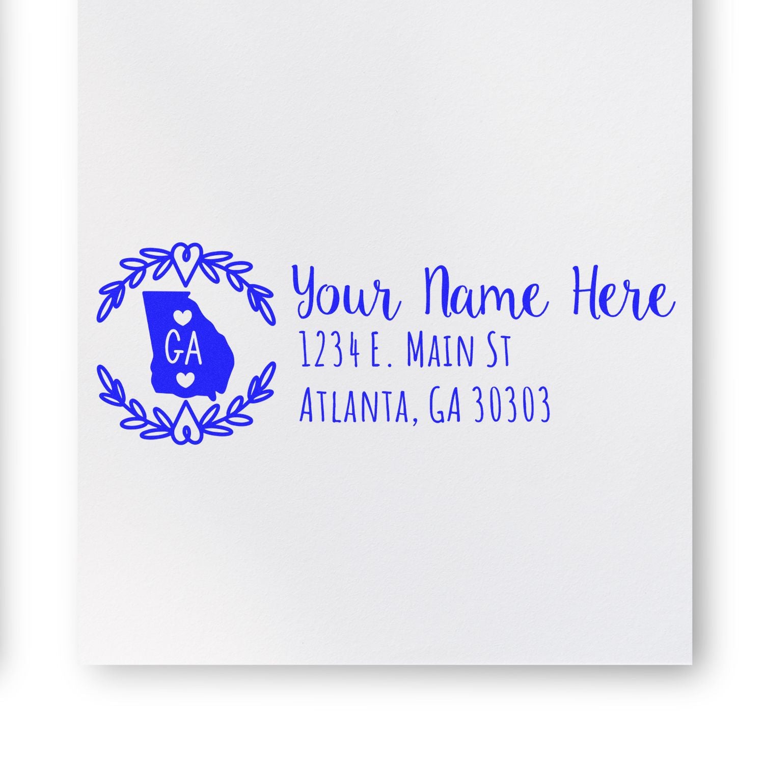 Georgia State Custom Return Address Stamp featuring a blue Georgia outline with heart, surrounded by a wreath. Personalized text includes name and address in a stylish font on white background.