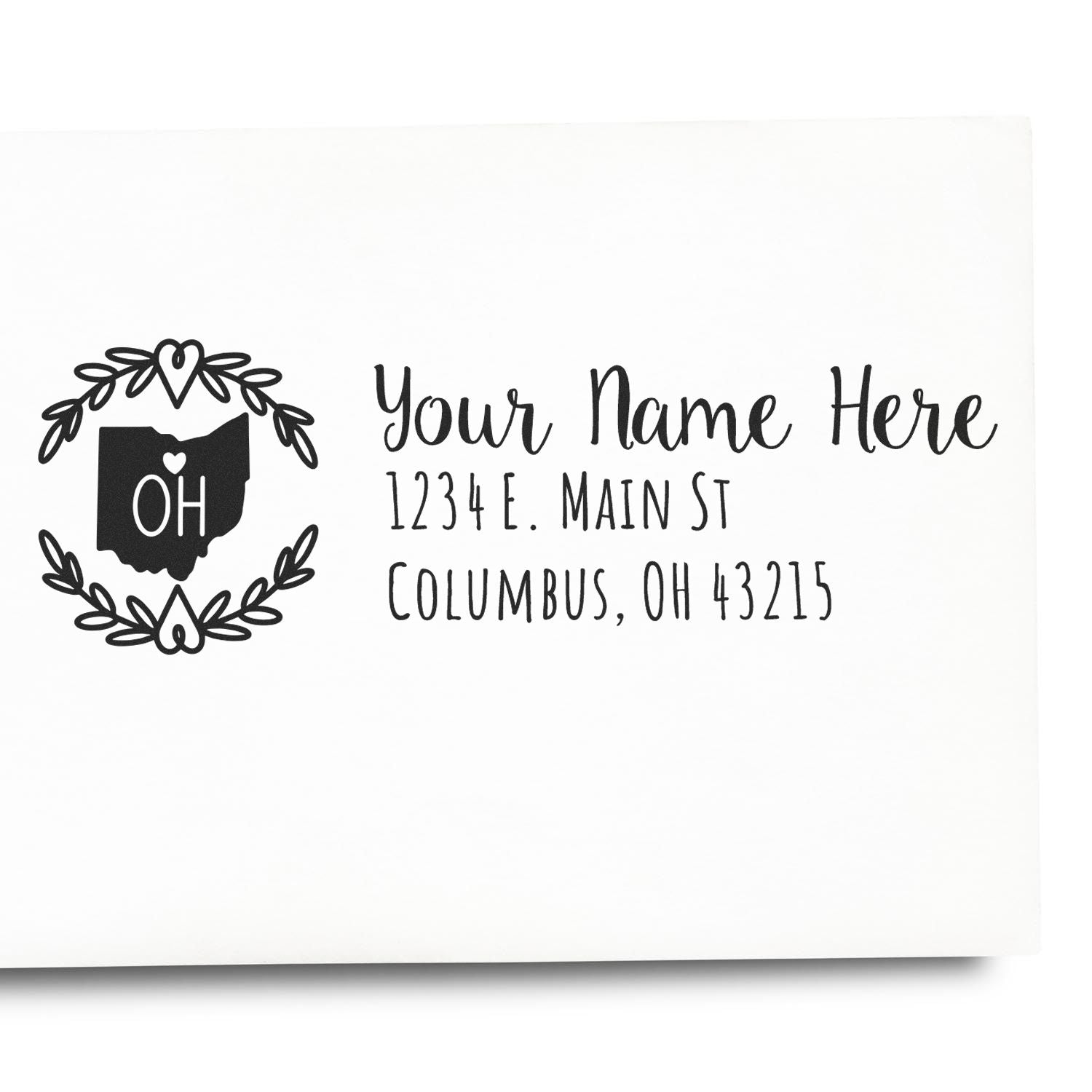 Ohio State Custom Return Address Stamp on white envelope, featuring a decorative Ohio state outline with hearts and personalized address text in elegant script.