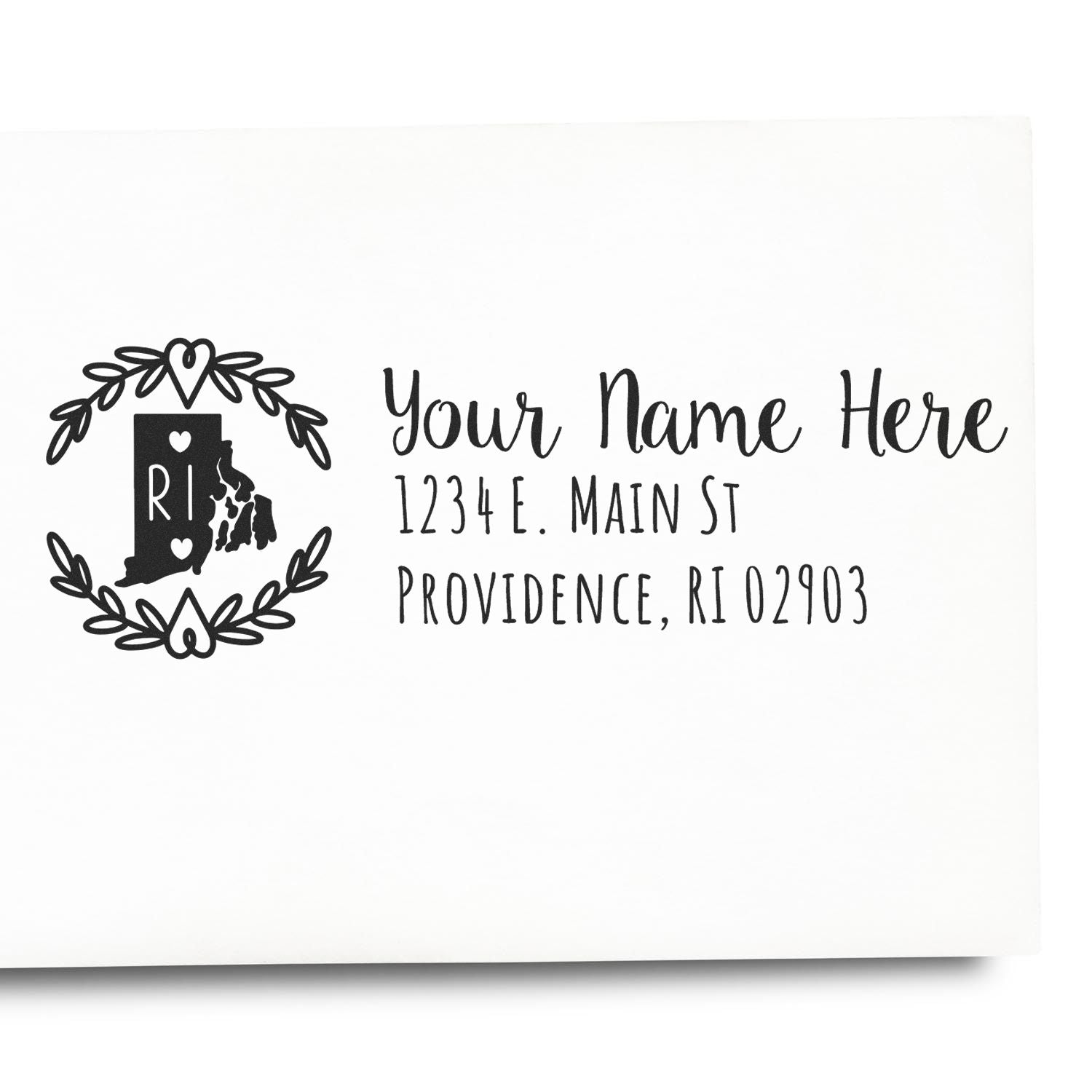 Rhode Island State Custom Return Address Stamp on an envelope, featuring a decorative state outline with text for name and address.