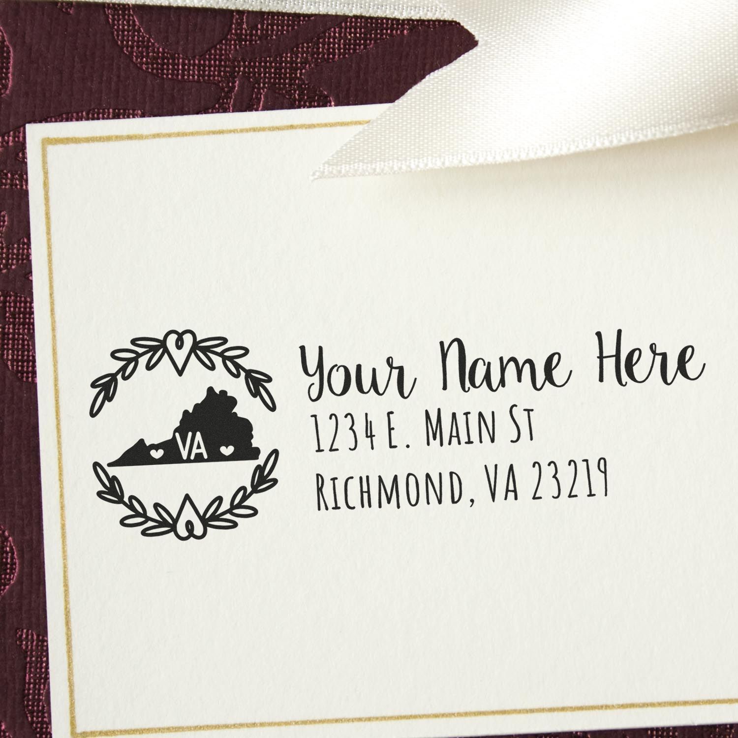 Virginia State Custom Return Address Stamp on an envelope, featuring a Virginia map design with space for personalized name and address. Elegant and practical for adding a personal touch to mail.