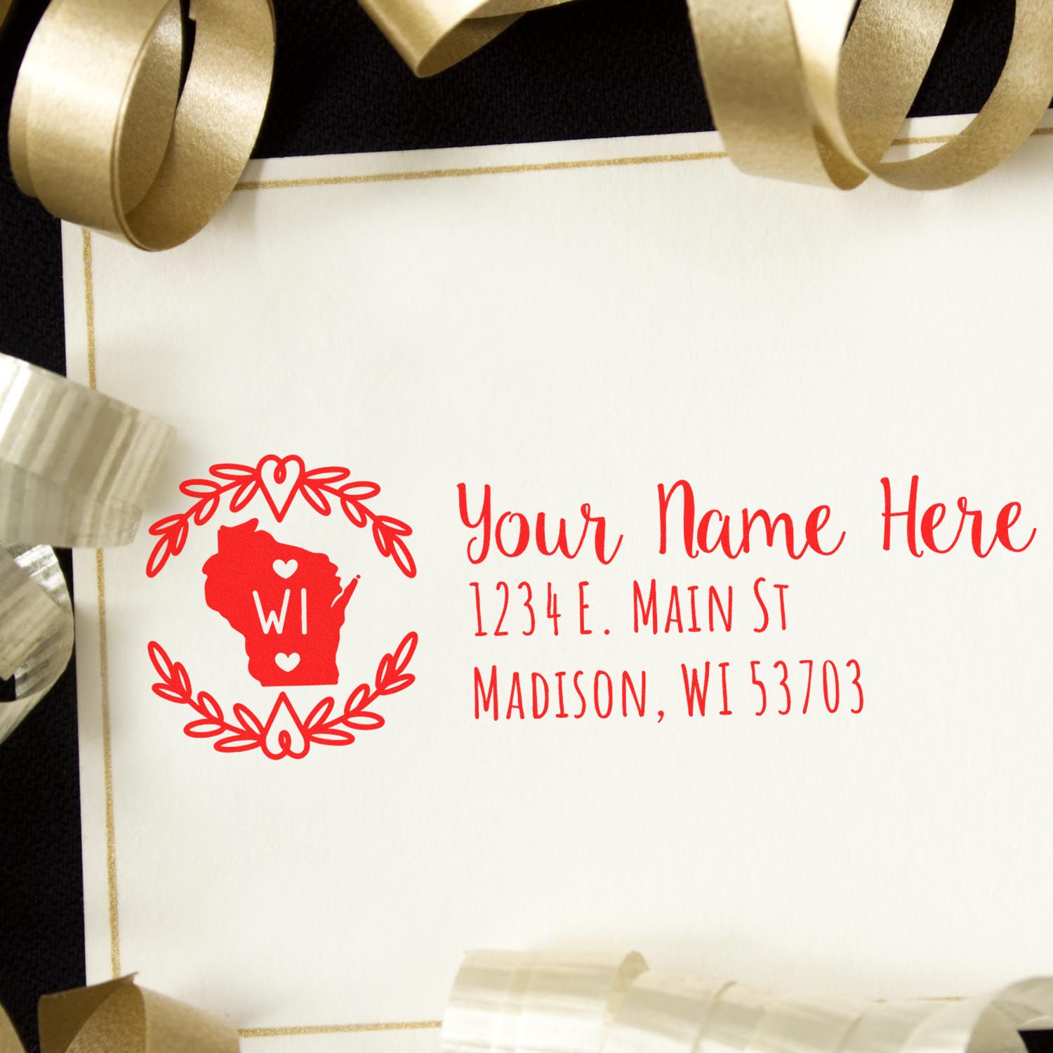 Wisconsin State Custom Return Address Stamp on an envelope with gold ribbons. Features a red Wisconsin outline with hearts and space for personalized address details.