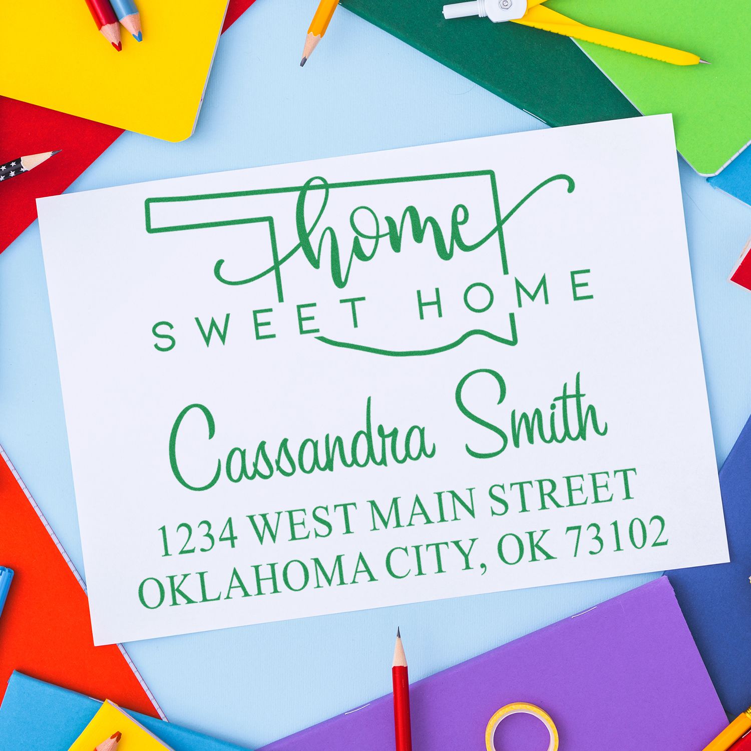 Wood Handle Home Sweet Home Oklahoma Personalized Home Address for Envelopes Rubber Stamp