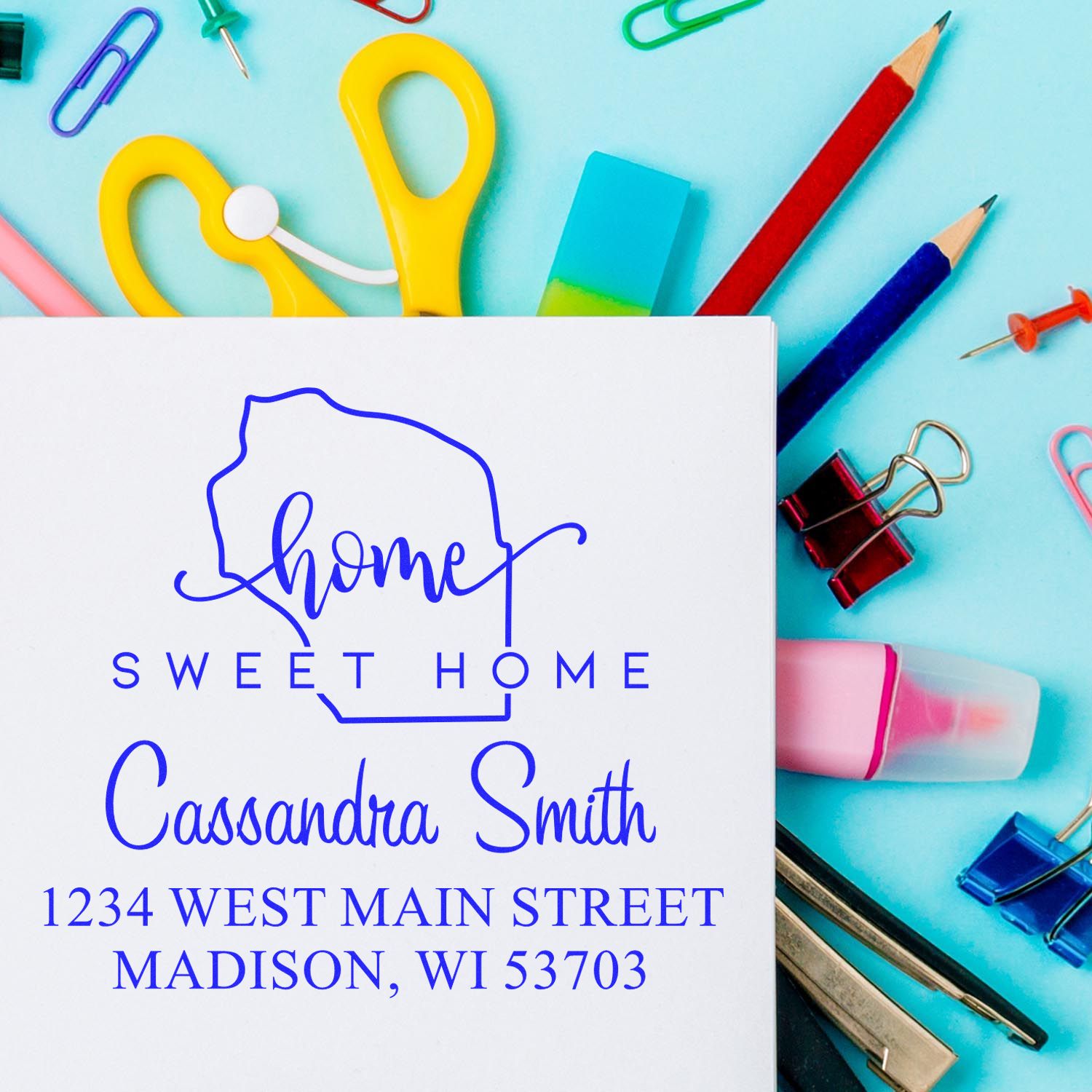 Wood Handle Home Sweet Home Wisconsin Custom Mailing Stamp