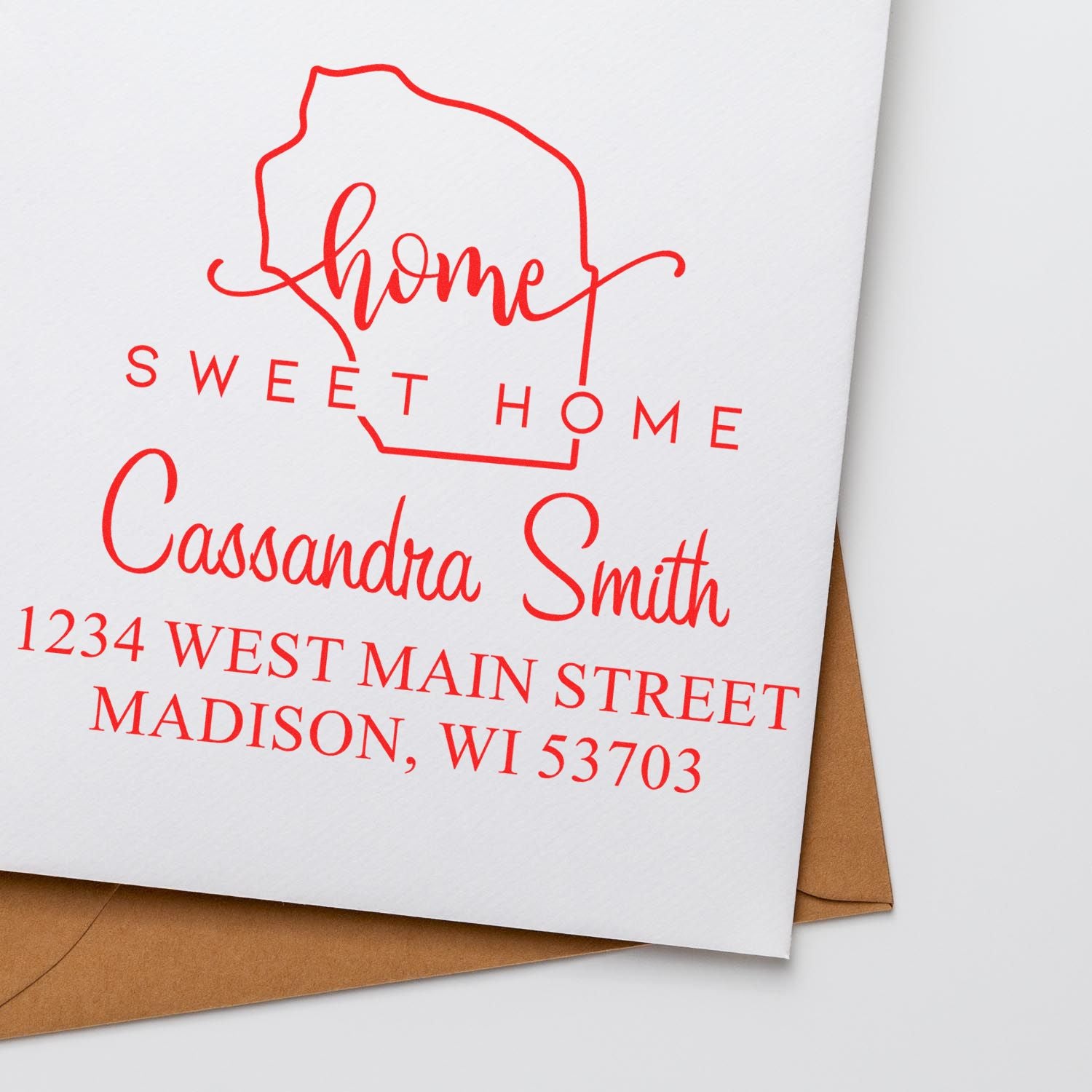 Wood Handle Home Sweet Home Wisconsin Custom Mailing Stamp