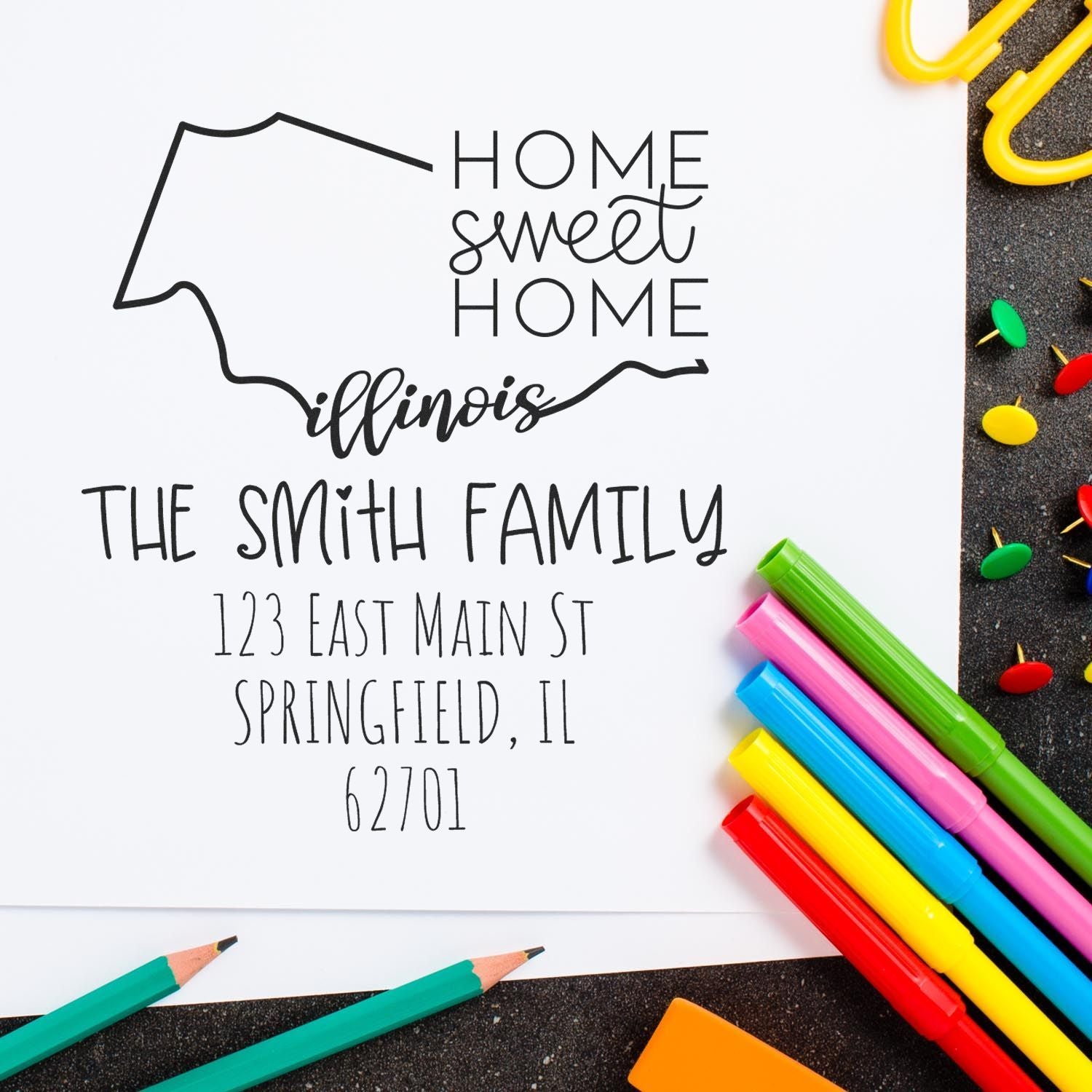 Wood Handle Illinois Home Sweet Home Custom Mailing Address Stamp