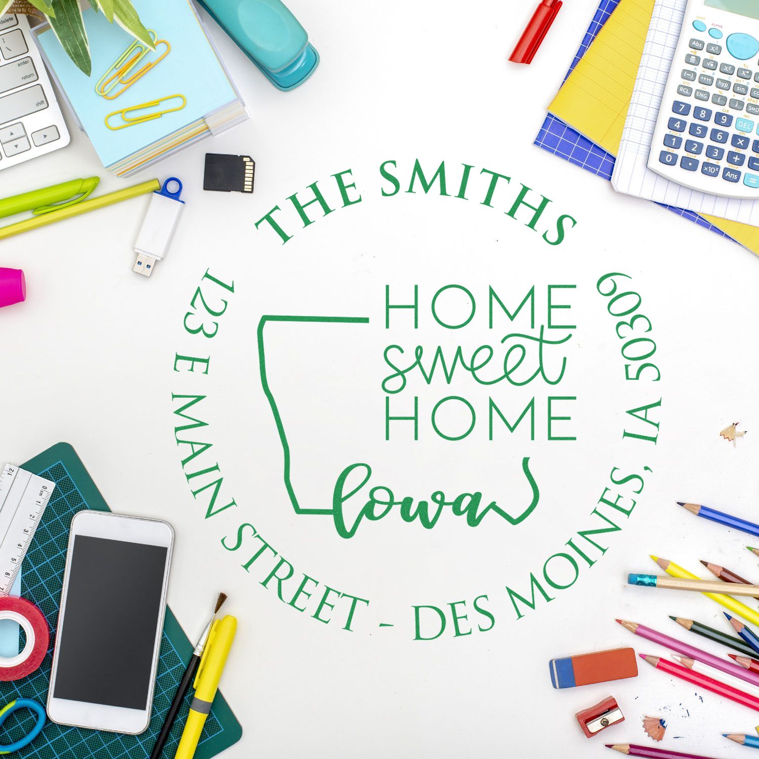 Self-Inking Round Iowa State Home Sweet Home Personalized Mailing Stamp