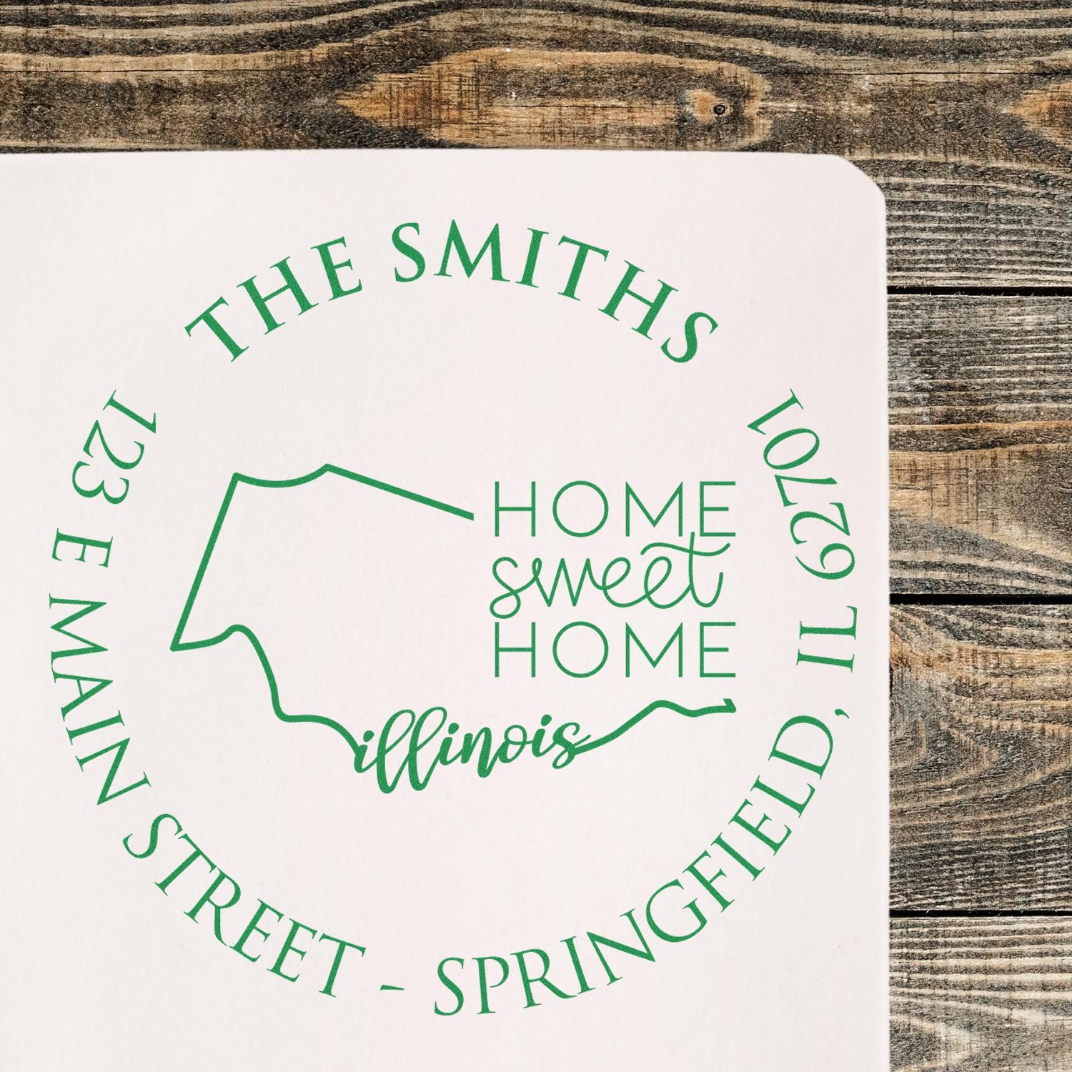 Wooden Handle Round Illinois State Home Sweet Home Custom Address Return Rubber Stamp