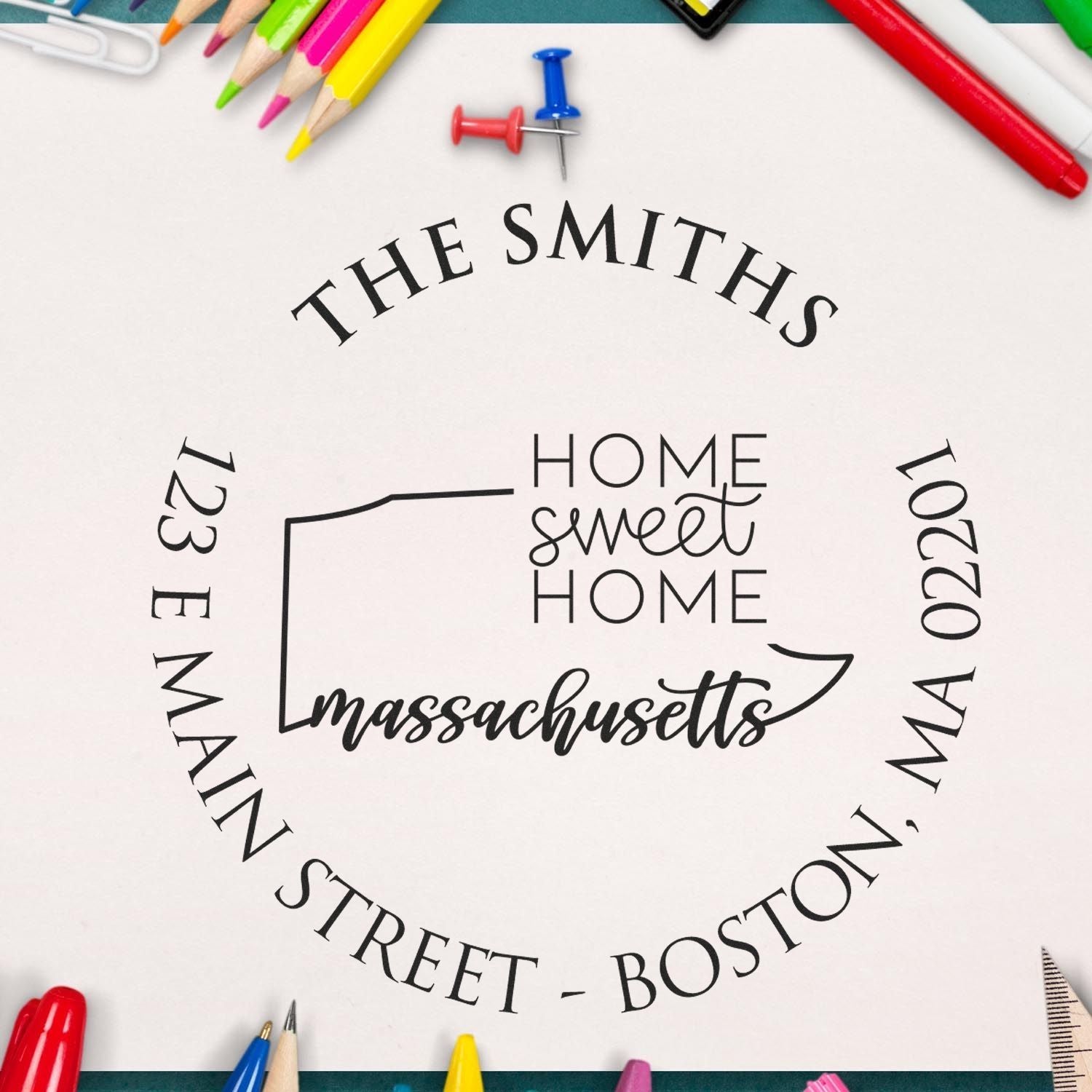 Wooden Handle Round Massachusetts State Home Sweet Home Custom Home Address For Envelopes Rubber Stamp