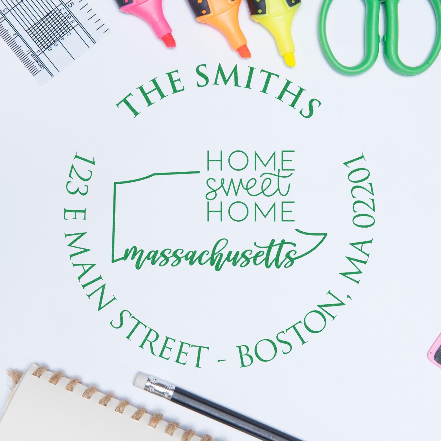 Round PSI Massachusetts State Home Sweet Home Personalized Address Label Pre-Inked Stamp