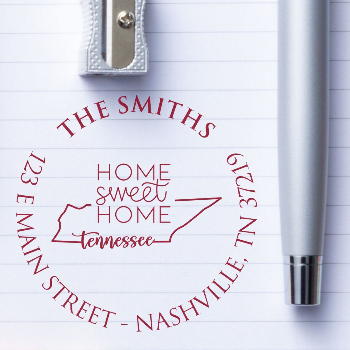 Round PSI Tennessee State Home Sweet Home Personalized Mailing Address Pre-Inked Stamp