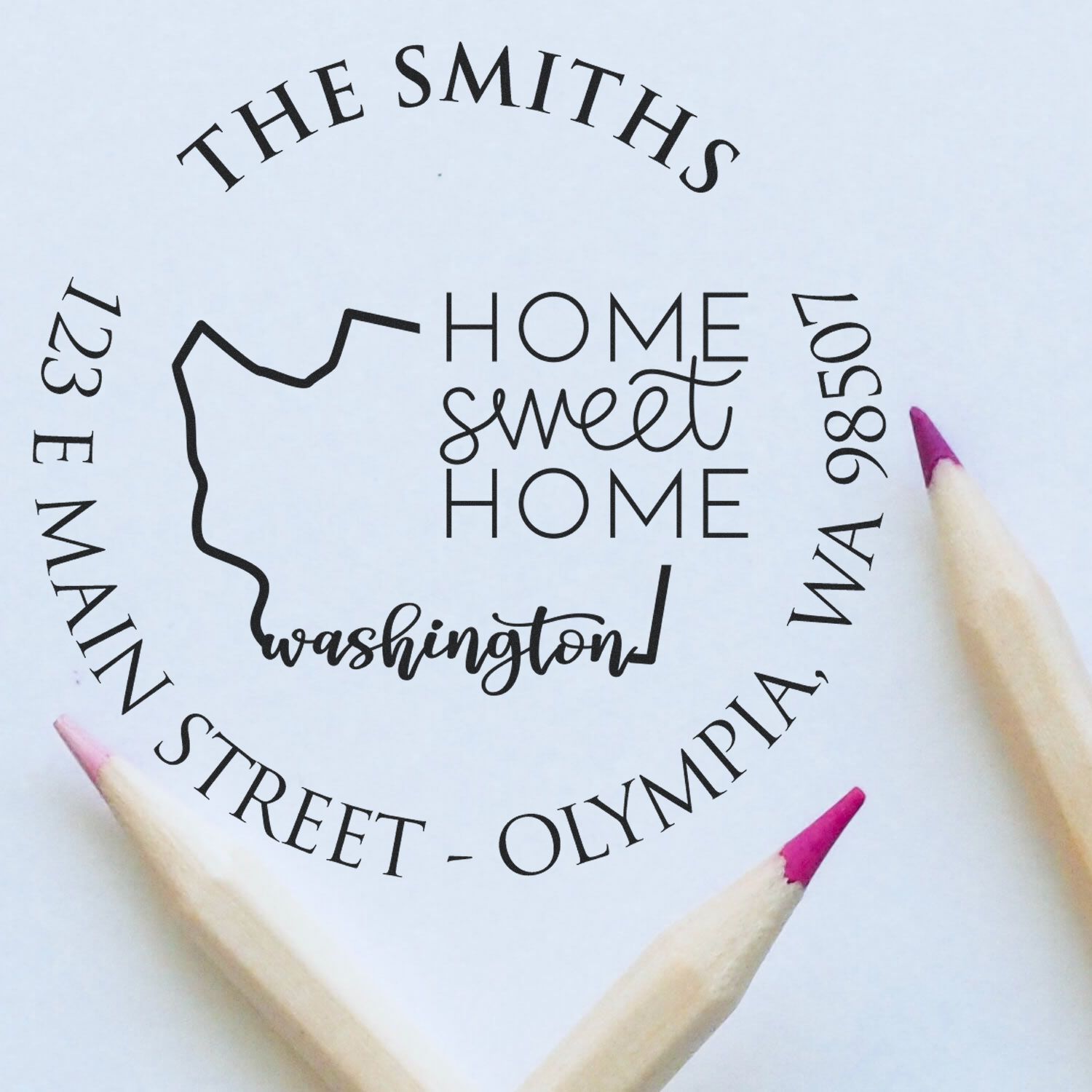 Round PSI Washington State Home Sweet Home Personalized Mailing Stamper