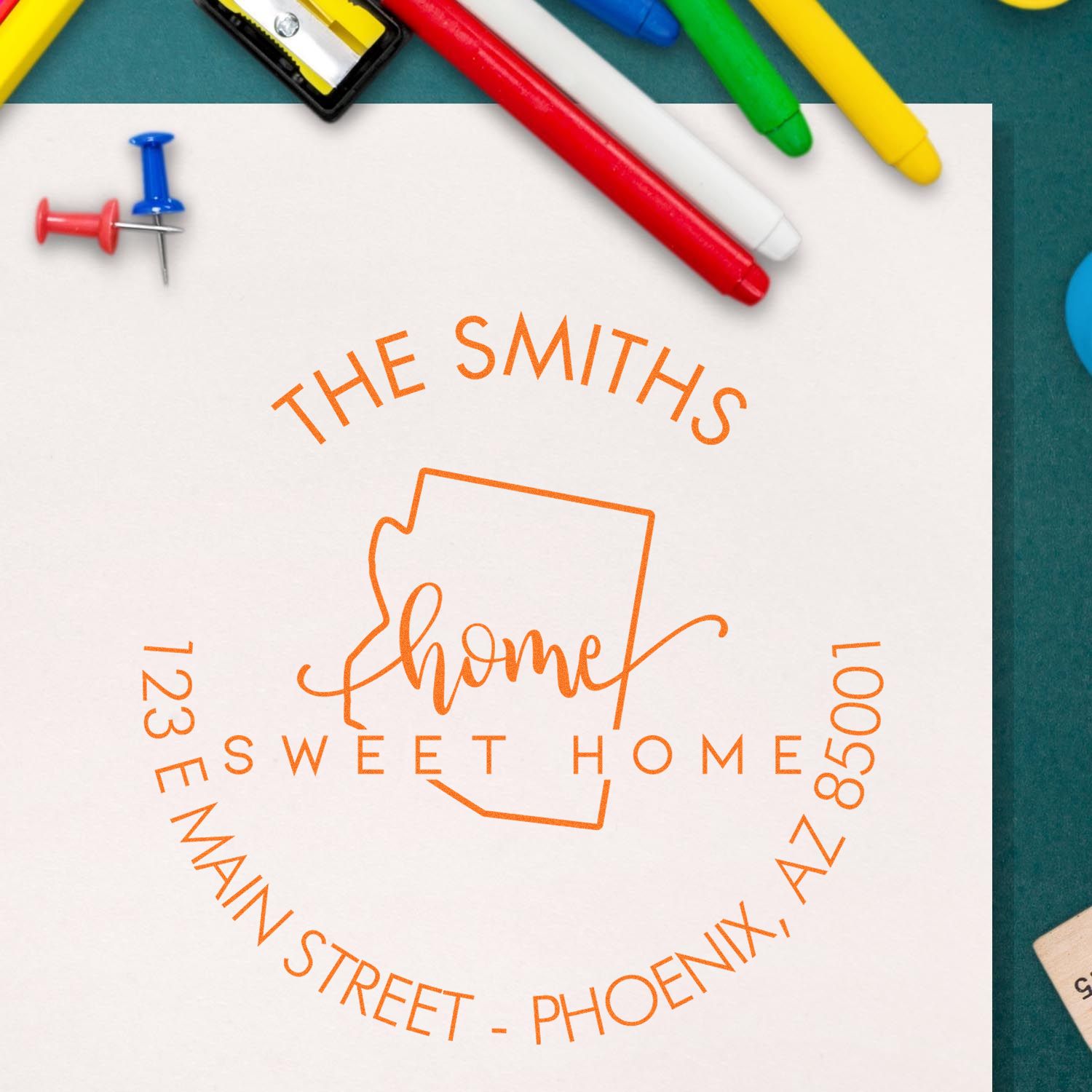 Round PSI Home Sweet Home for Arizona Personalized New Home Address Pre-Inked Stamp