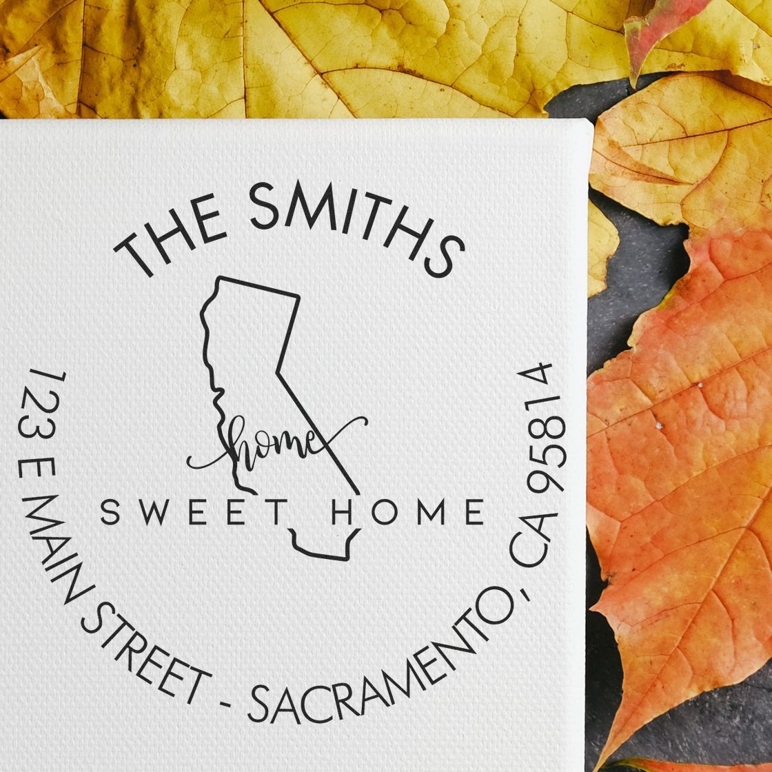 Round PSI Home Sweet Home for California Personalized New Home Address Stamper