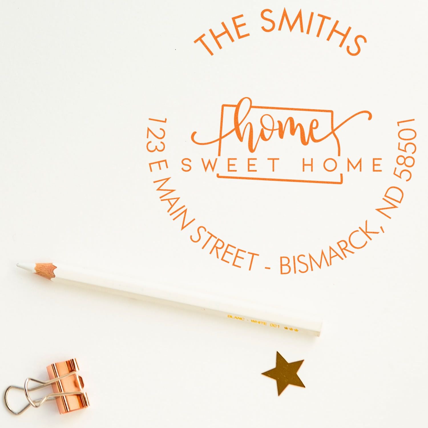 Wooden Handle Round Home Sweet Home for North Dakota Customizable Return Address Rubber Stamp