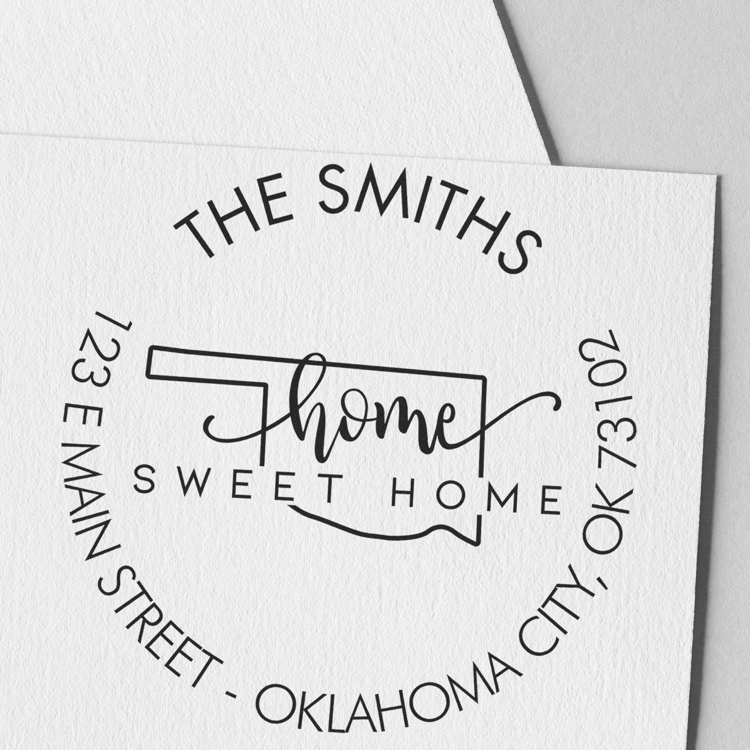 Wooden Handle Round Home Sweet Home for Oklahoma Customizable Return Address Rubber Stamp