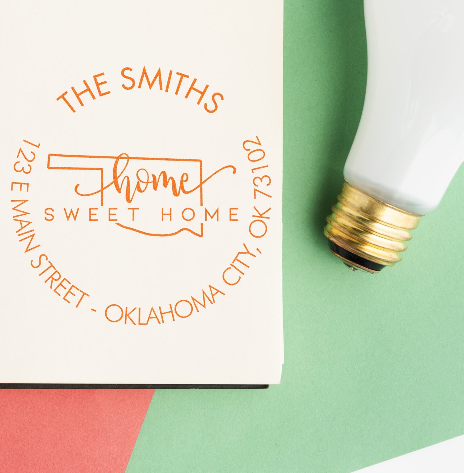 Wooden Handle Round Home Sweet Home for Oklahoma Customizable Return Address Rubber Stamp